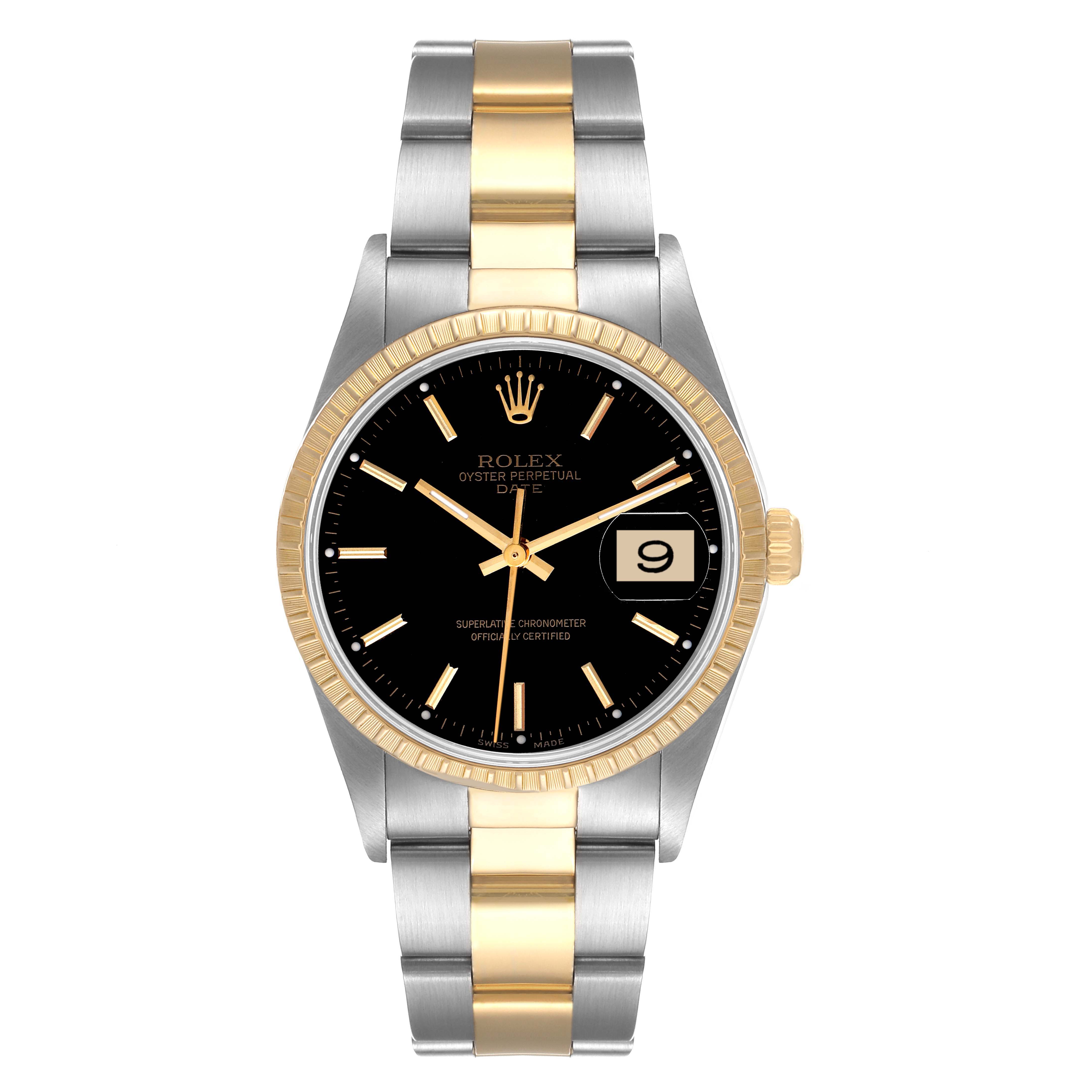 This image shows a front view of a Rolex Date 15223 Men's Steel and Gold (two tone) Black Dial 15223 Men's Steel and Gold (two tone) Black Dial model watch with a two-tone bracelet and a black dial.