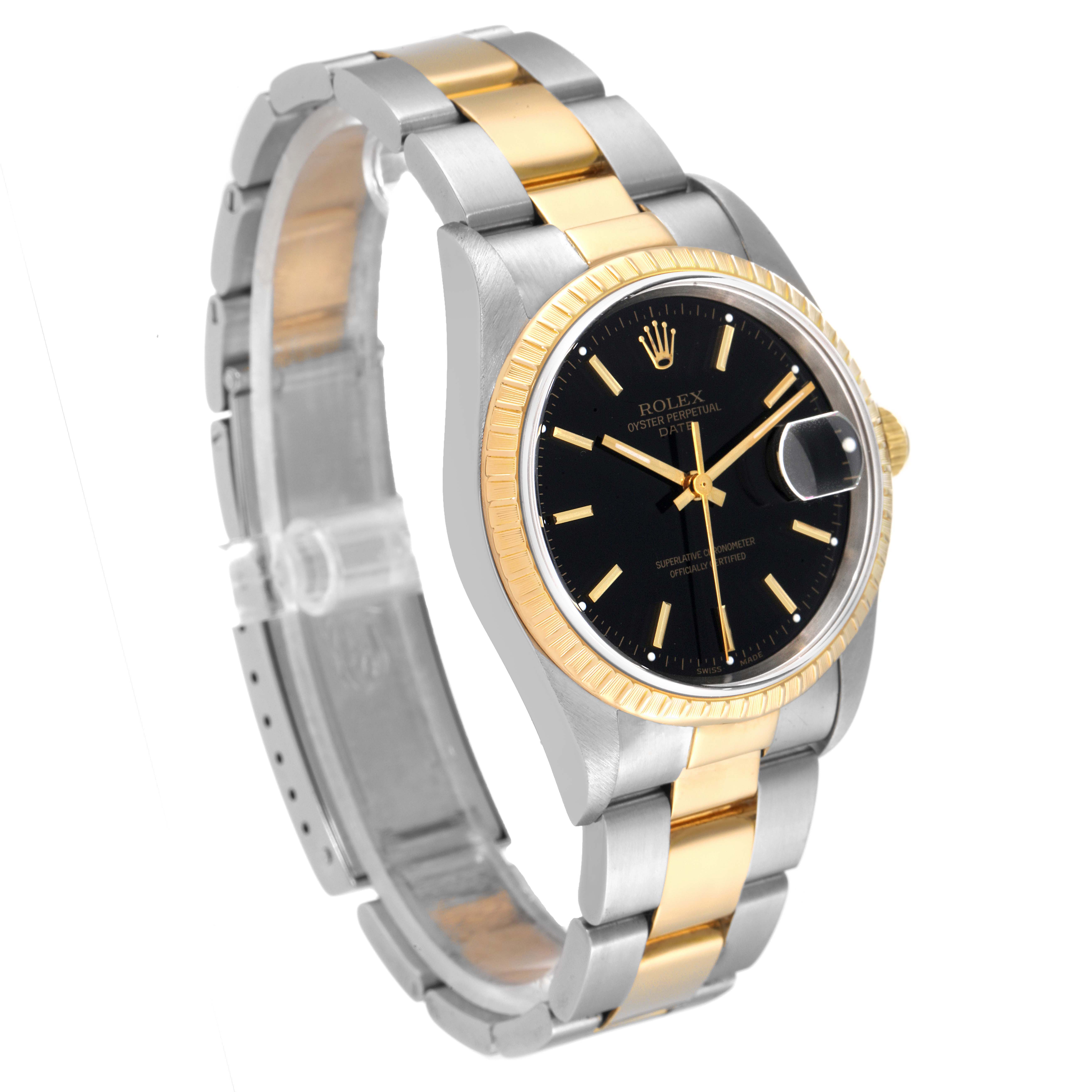 This image shows the Rolex Date 15223 Men's Steel and Gold (two tone) Black Dial 15223 Men's Steel and Gold (two tone) Black Dial model watch at an angled view, displaying the bracelet, bezel, dial, and crown.