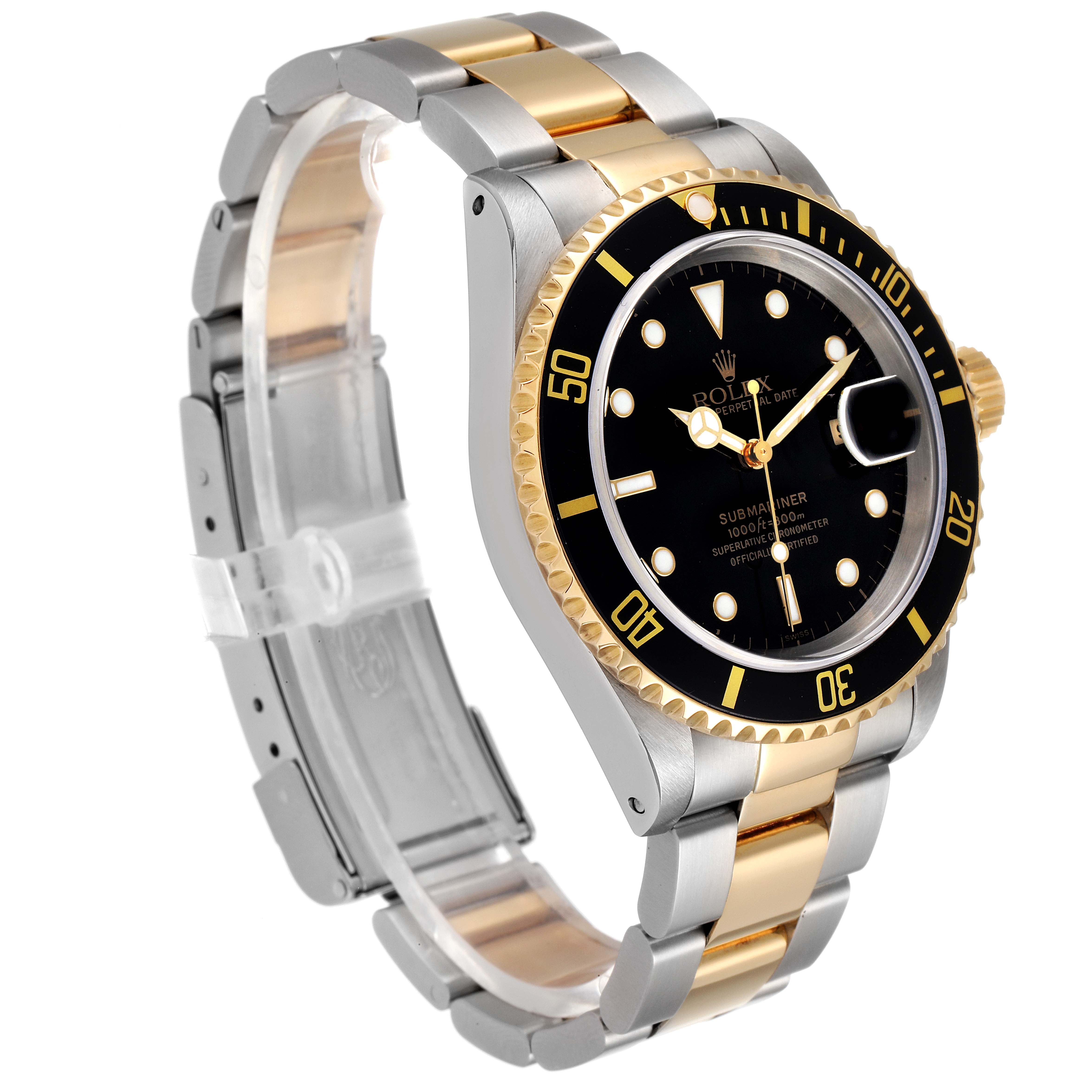 The image shows a side angle of a Rolex Submariner 16613 Men's Steel and Gold (two tone) Black Dial 16613 Men's Steel and Gold (two tone) Black Dial watch, highlighting the bracelet, bezel, and dial.