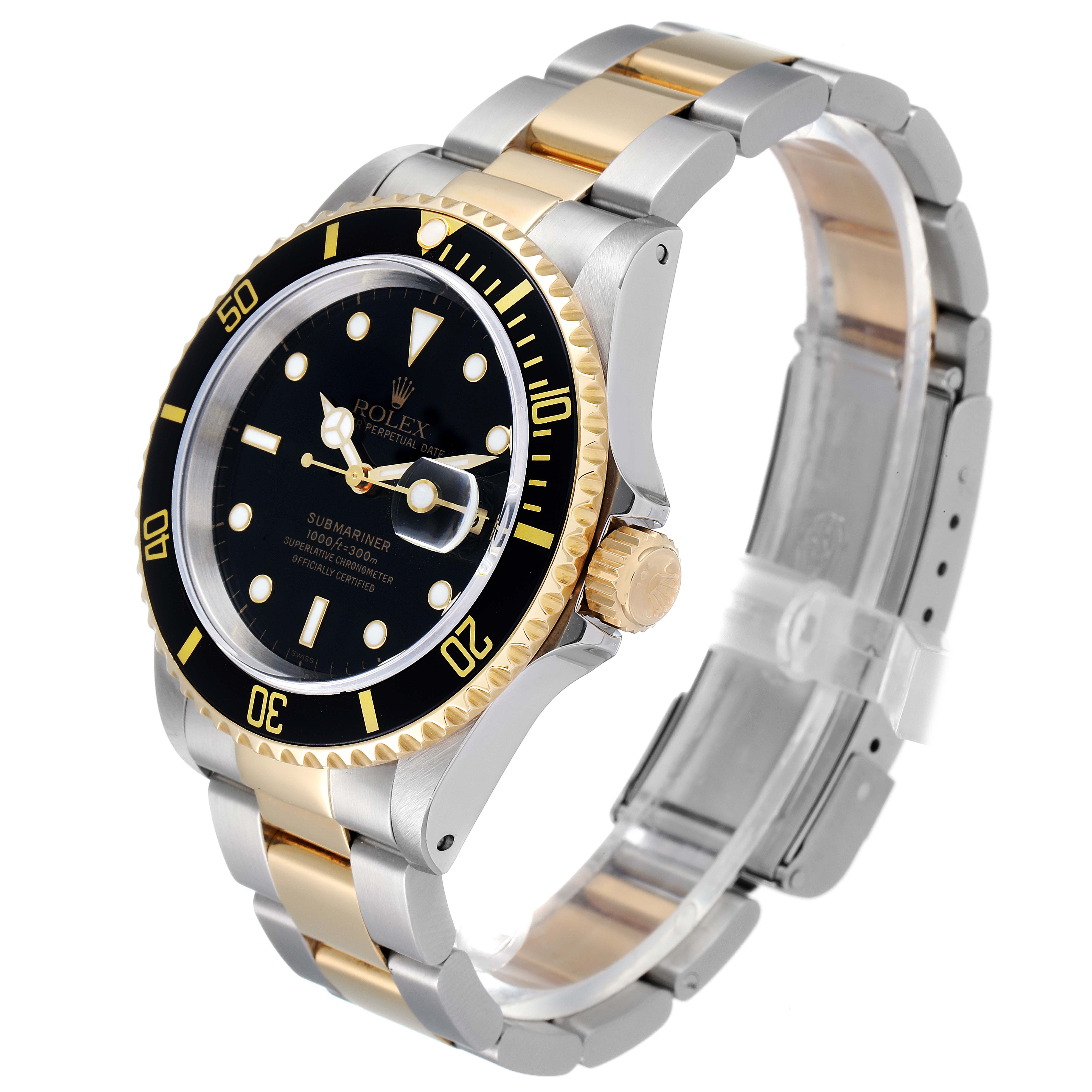 This is a side view of a Rolex Submariner 16613 Men's Steel and Gold (two tone) Black Dial 16613 Men's Steel and Gold (two tone) Black Dial watch, showcasing its black dial, two-tone bracelet, and rotating bezel.