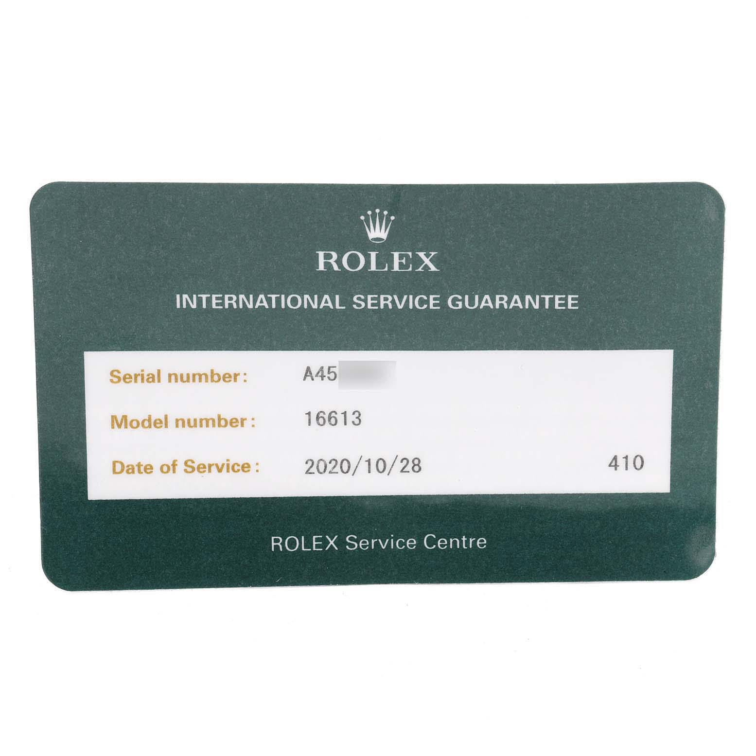 This image shows a Rolex International Service Guarantee card for a Submariner model, specifically model number 16613.