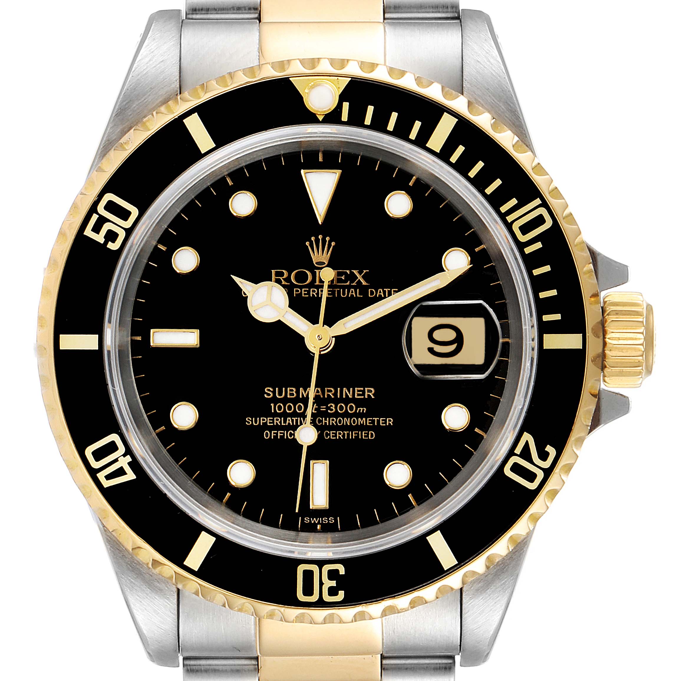 This is a head-on view of the Rolex Submariner 16613 Men's Steel and Gold (two tone) Black Dial 16613 Men's Steel and Gold (two tone) Black Dial watch showing the dial, bezel, crown, and part of the bracelet.