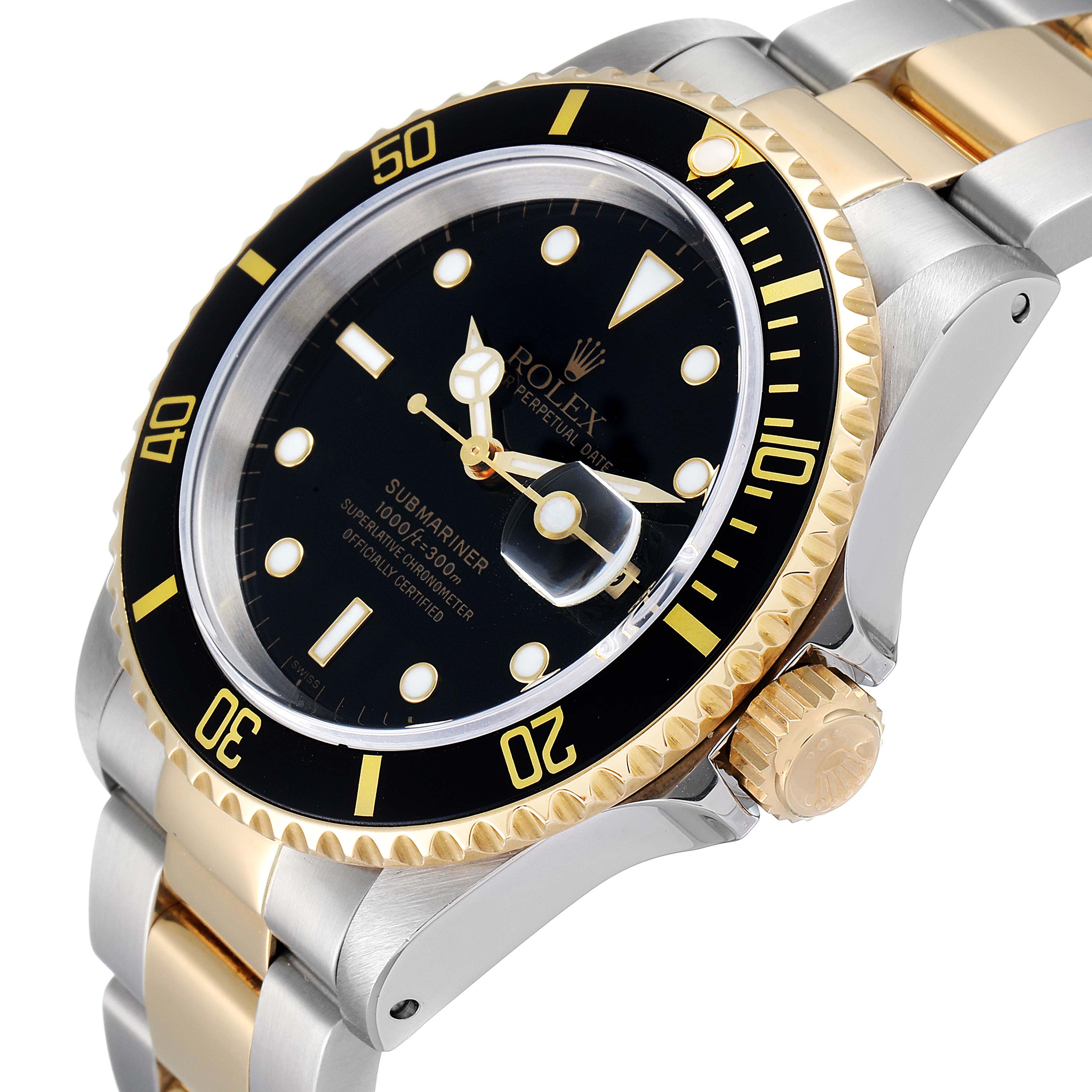 The image shows an angled view of a Rolex Submariner 16613 Men's Steel and Gold (two tone) Black Dial 16613 Men's Steel and Gold (two tone) Black Dial watch displaying the face, bezel, crown, and part of the bracelet.