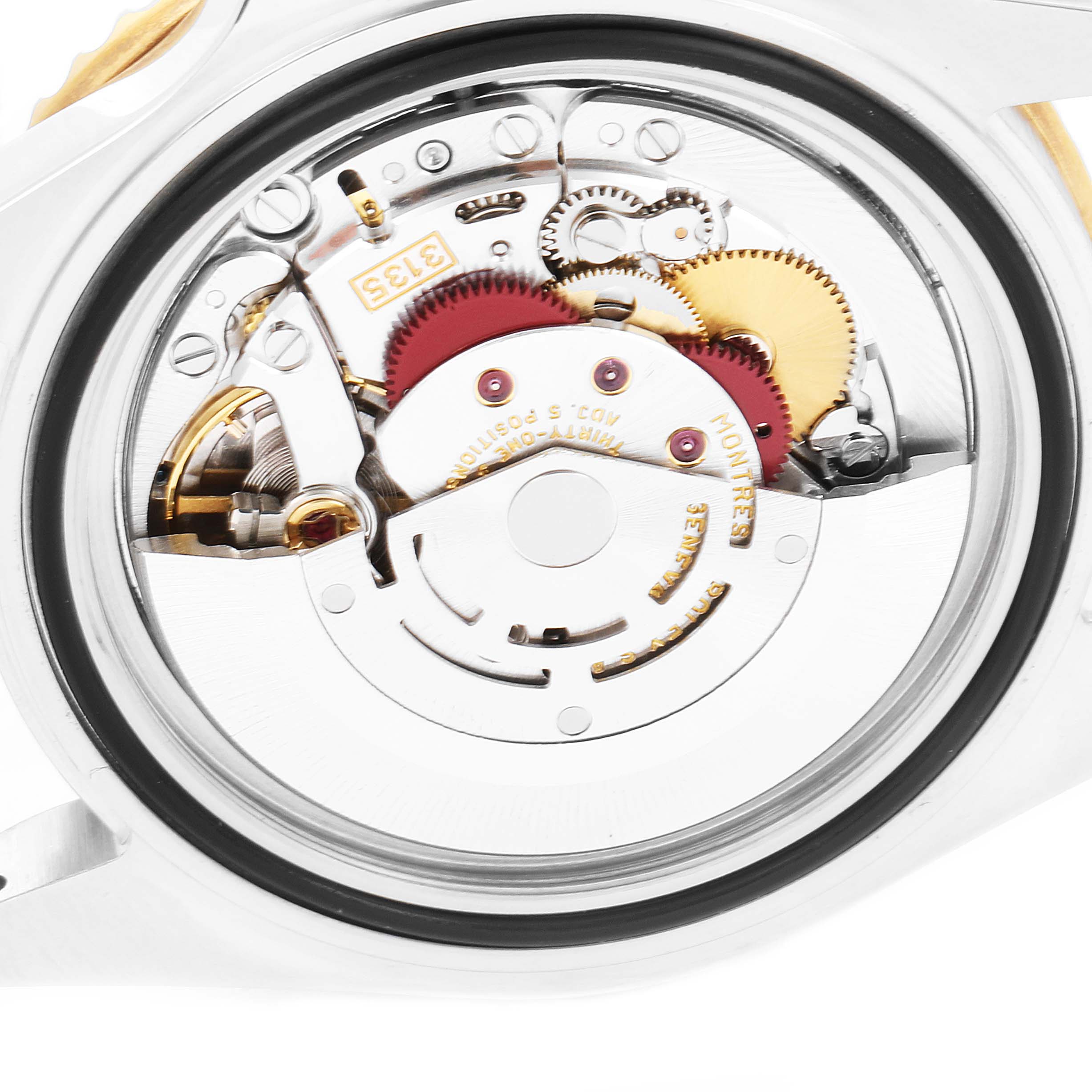 The image shows the internal mechanism of the Rolex Submariner 16613 Men's Steel and Gold (two tone) Black Dial 16613 Men's Steel and Gold (two tone) Black Dial watch viewed from the case back.