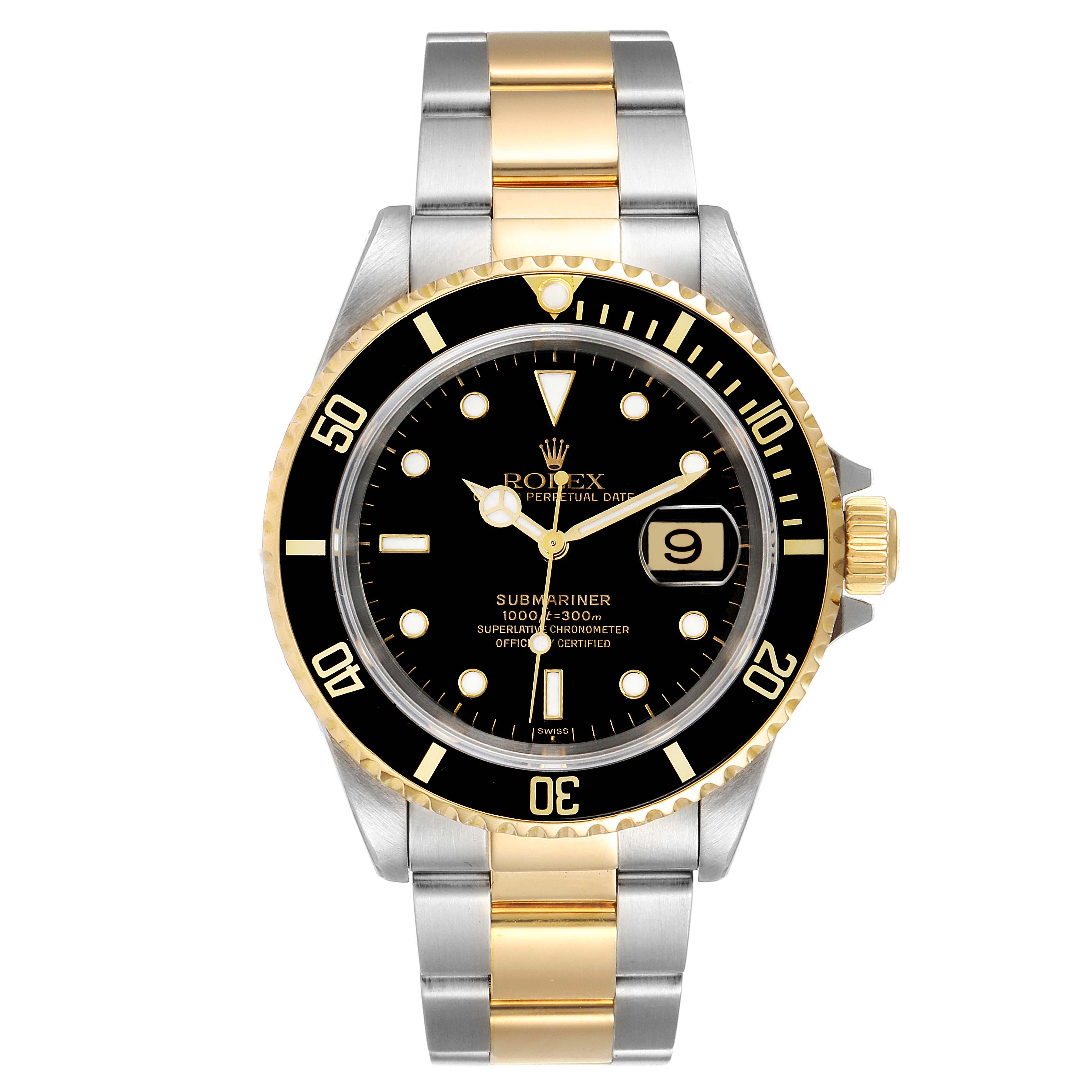 The image shows a front view of a Rolex Submariner 16613 Men's Steel and Gold (two tone) Black Dial 16613 Men's Steel and Gold (two tone) Black Dial watch, highlighting its black dial, gold and silver bracelet, and date display.