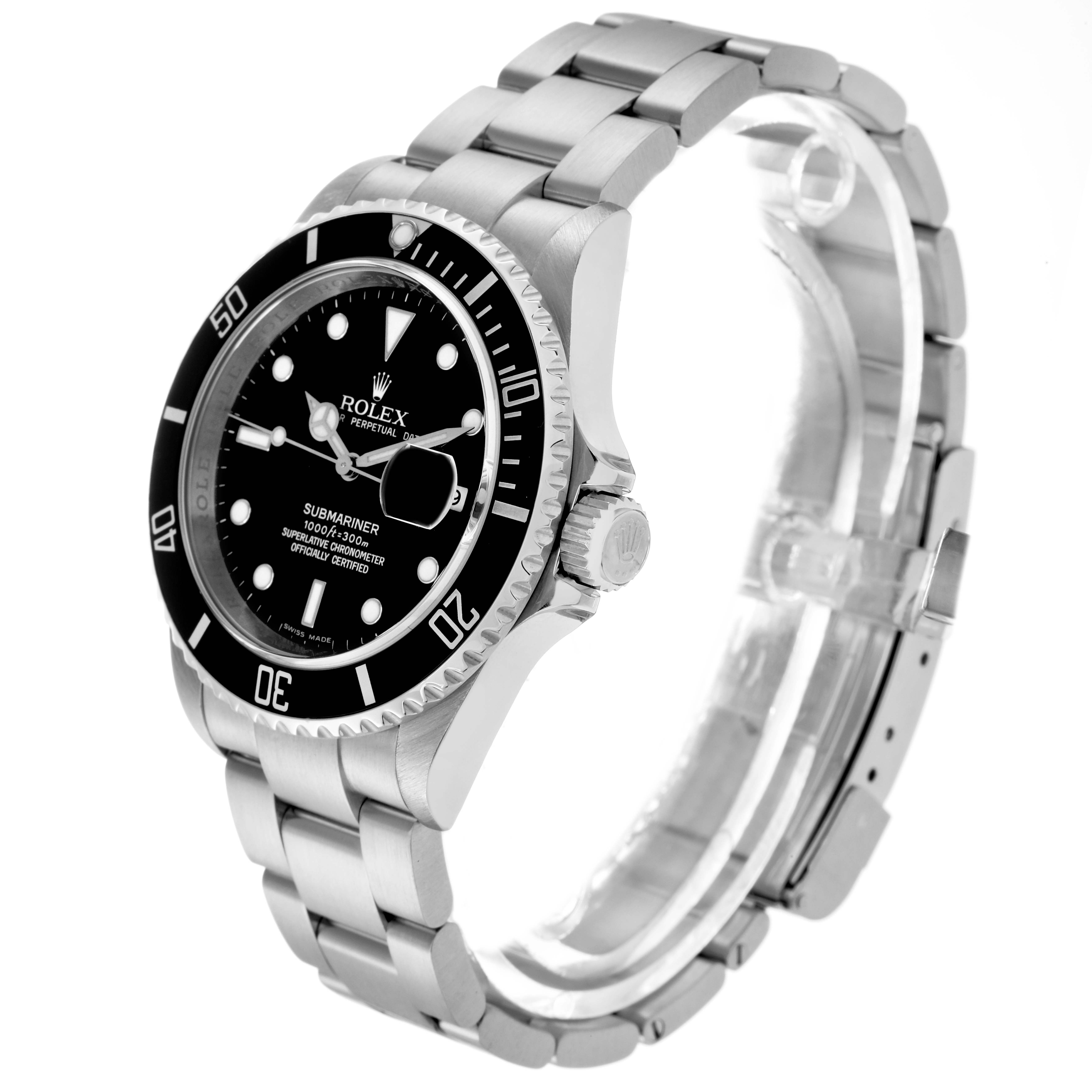 The Rolex Submariner 16610 Men
s Stainless Steel Black Dial 16610 Men
s Stainless Steel Black Dial watch is shown at a three-quarter angle, displaying the bezel, crown, bracelet, and face details.