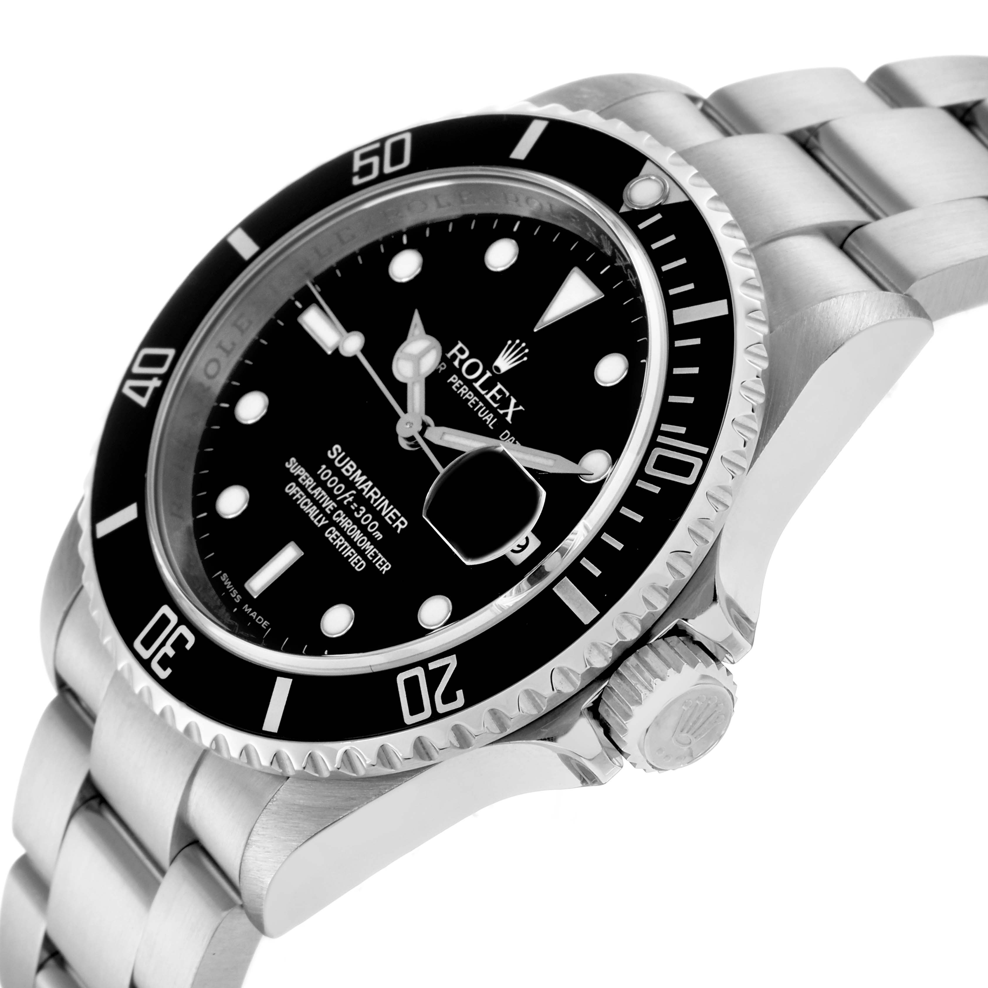 The Rolex Submariner 16610 Men
s Stainless Steel Black Dial 16610 Men
s Stainless Steel Black Dial is shown at an angled side view, displaying the face, bezel, and part of the bracelet with the crown visible.