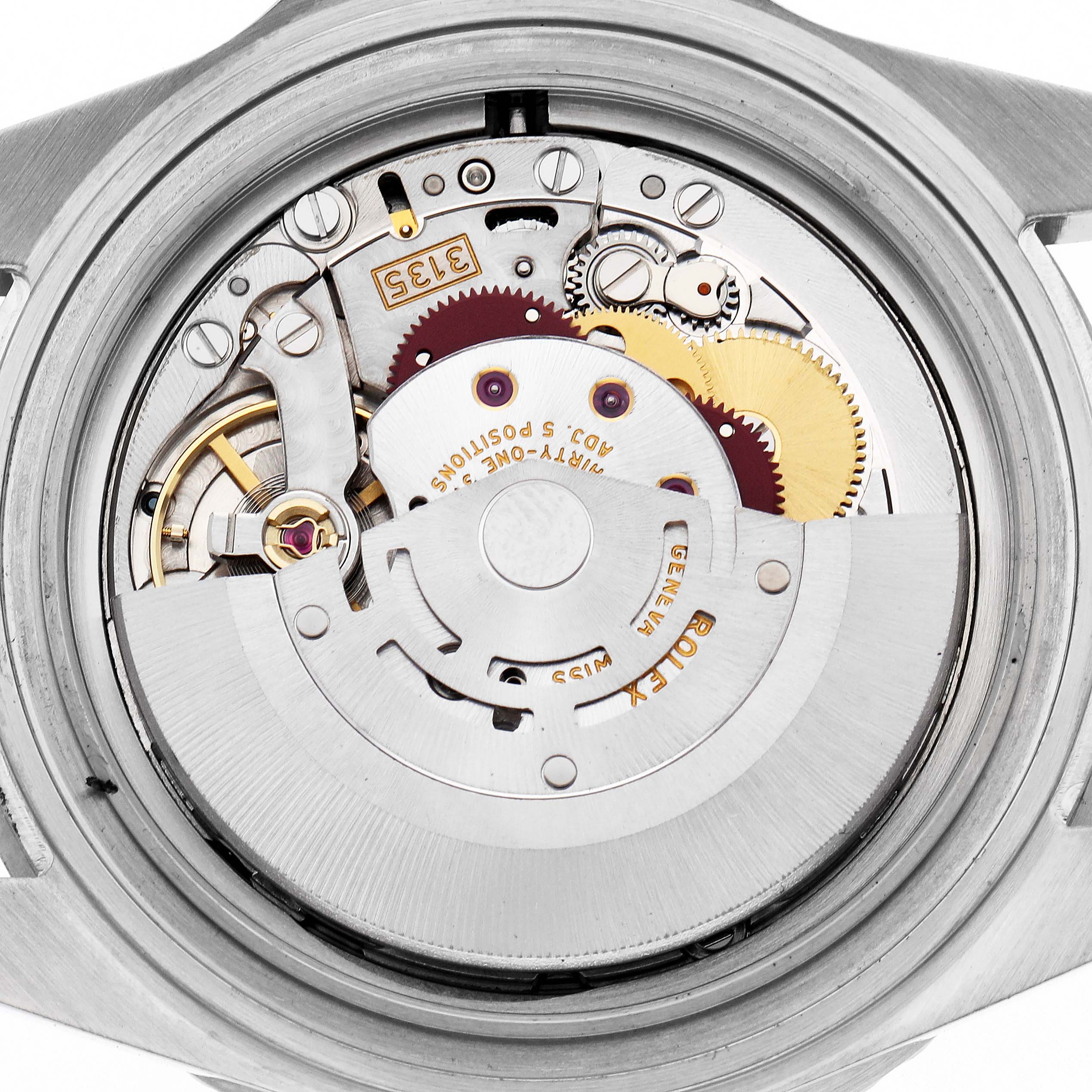 The image shows the movement of a Rolex Submariner 16610 Men
s Stainless Steel Black Dial 16610 Men
s Stainless Steel Black Dial from the back, revealing gears and rotor.