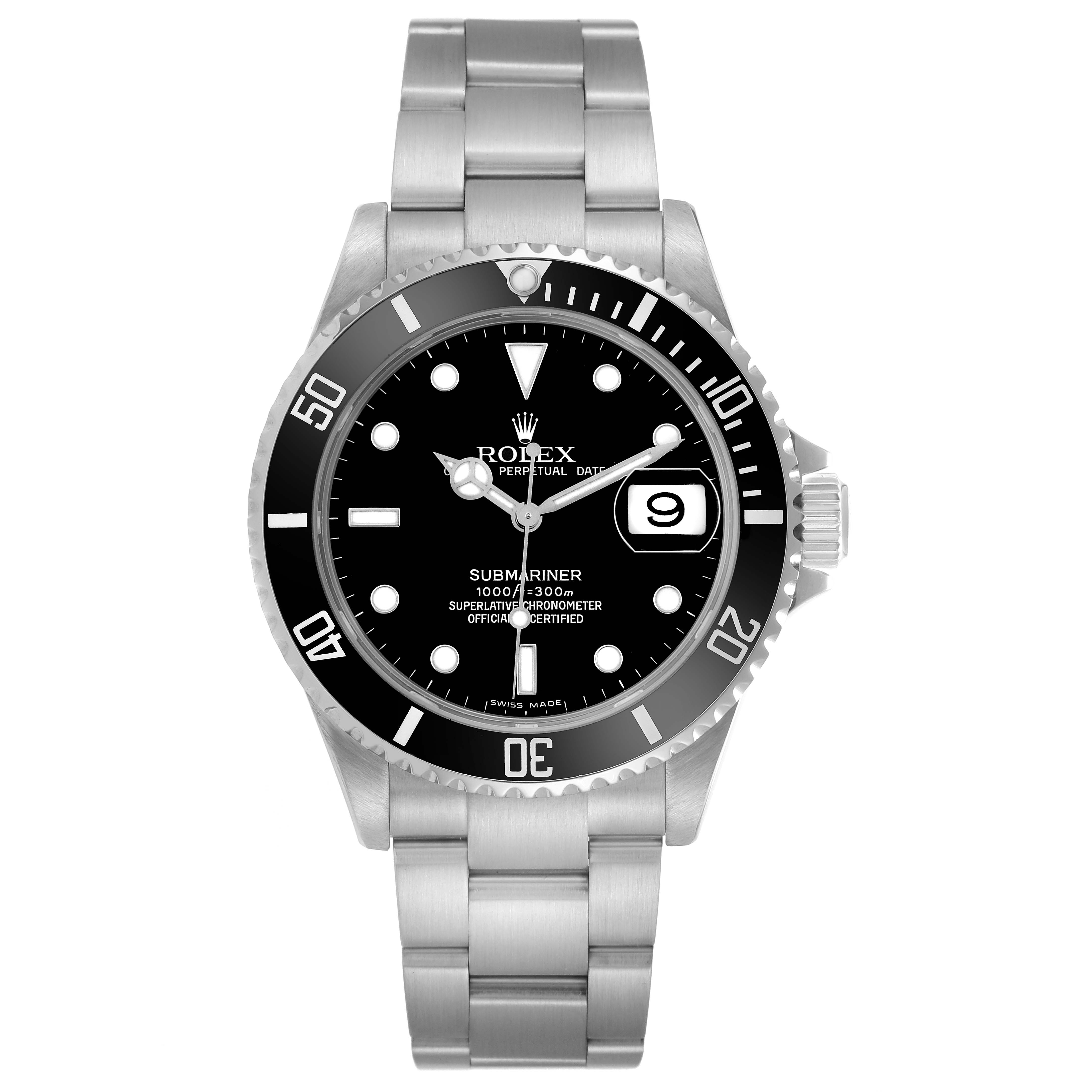 The Rolex Submariner 16610 Men
s Stainless Steel Black Dial 16610 Men
s Stainless Steel Black Dial watch is shown from a front angle, displaying its bezel, dial, hands, and bracelet.