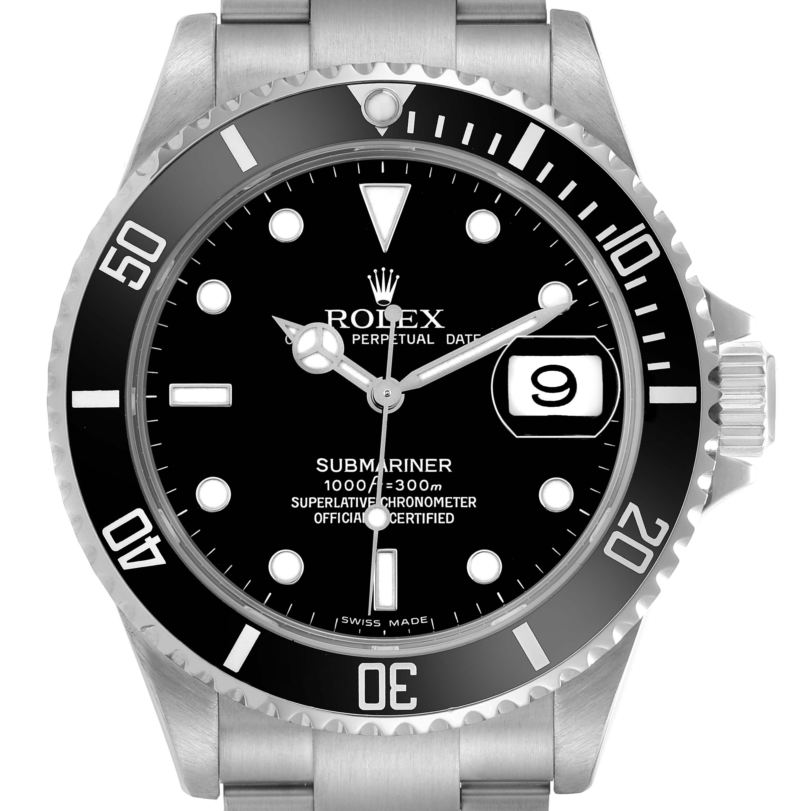 The Rolex Submariner 16610 Men
s Stainless Steel Black Dial 16610 Men
s Stainless Steel Black Dial watch is shown from the front, displaying the dial, bezel, crown, and part of the bracelet.