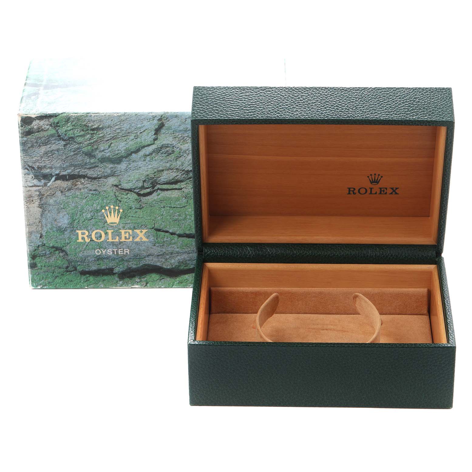 The image shows the open box and outer packaging for a Rolex Submariner 16610 Men
s Stainless Steel Black Dial 16610 Men
s Stainless Steel Black Dial watch.