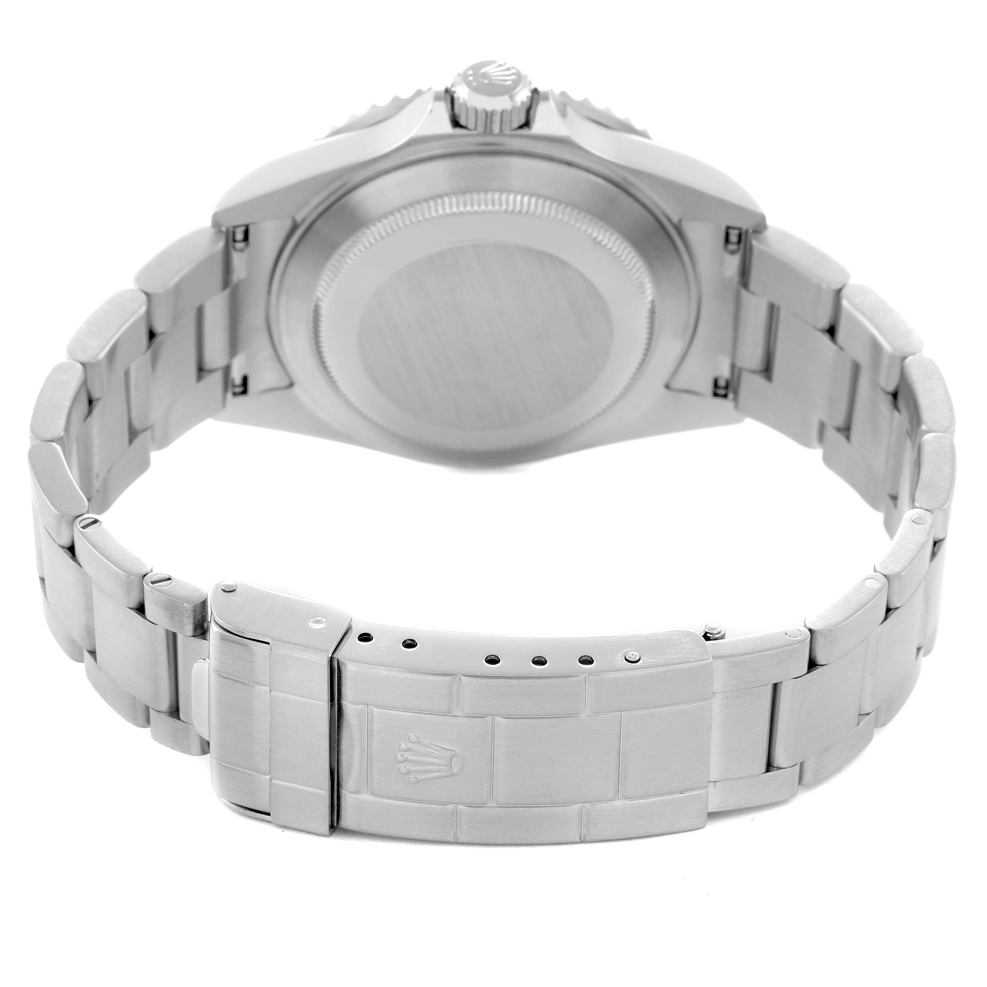 The image shows the back of a Rolex Submariner 16610 Men
s Stainless Steel Black Dial 16610 Men
s Stainless Steel Black Dial, highlighting the case back, bracelet, and clasp.