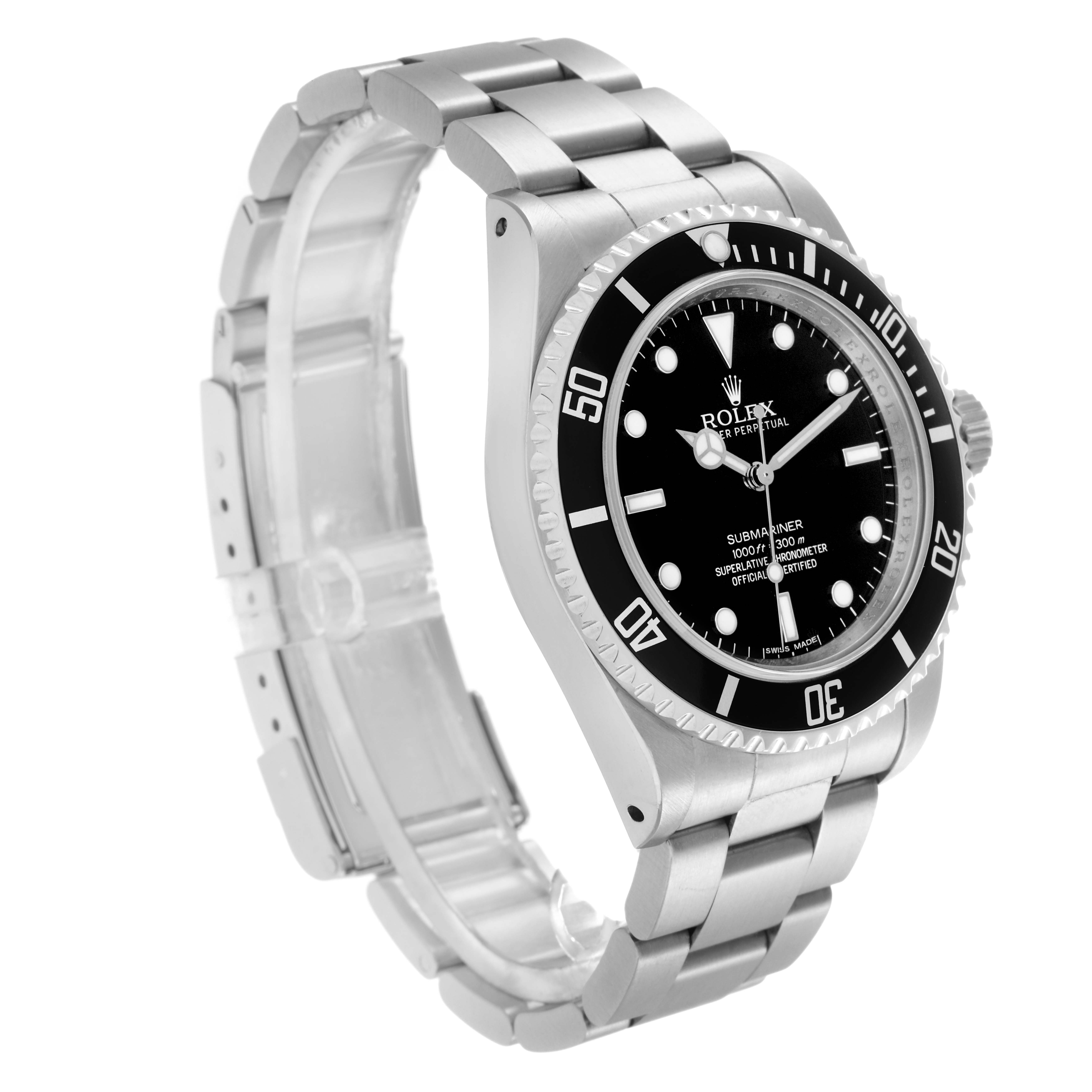 The Rolex Submariner 14060 Men
s Stainless Steel Black Dial 14060 Men
s Stainless Steel Black Dial watch is shown at a three-quarter angle, highlighting the bezel, dial, and bracelet.