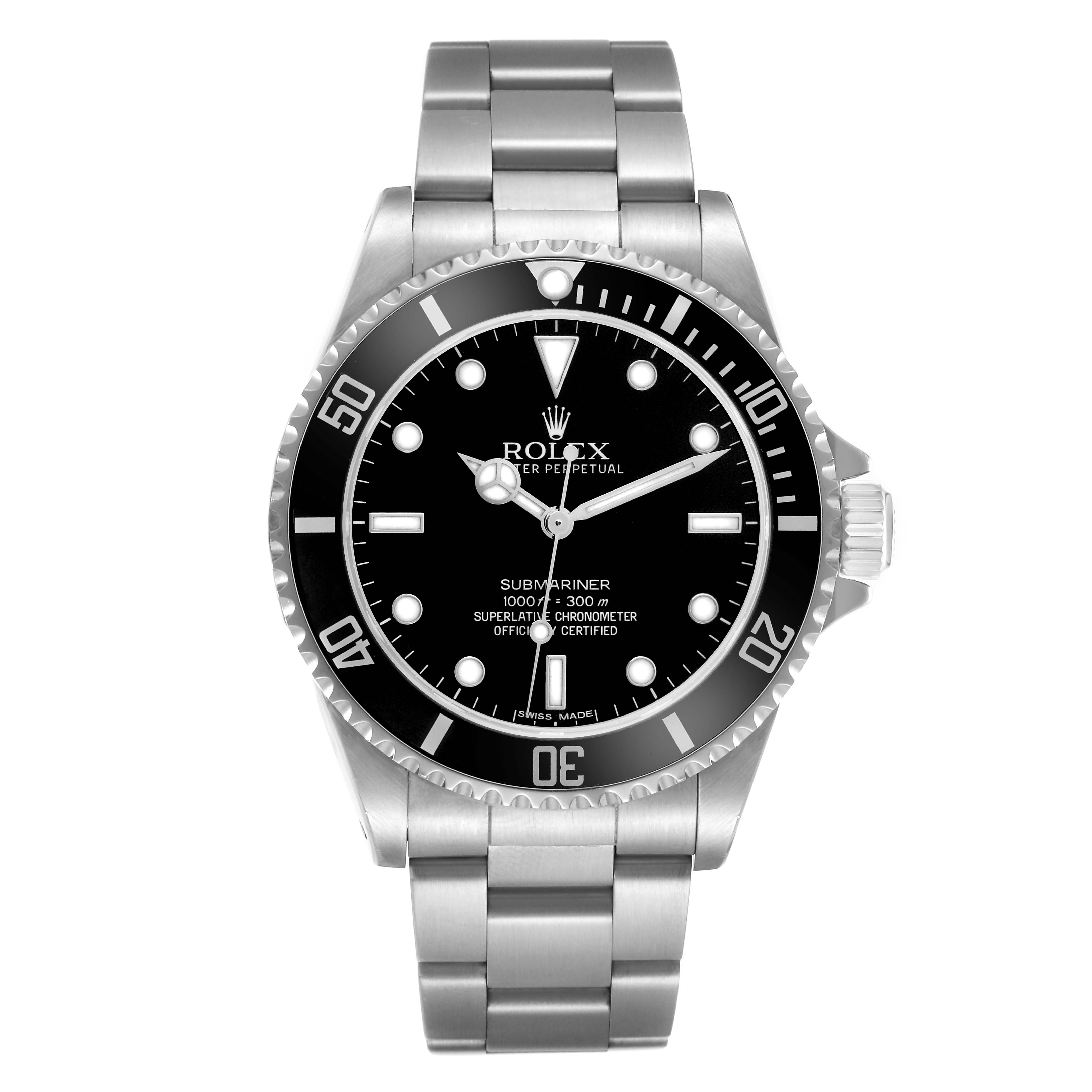 The Rolex Submariner 14060 Men
s Stainless Steel Black Dial 14060 Men
s Stainless Steel Black Dial watch is shown from the front, displaying its face, bezel, and bracelet.