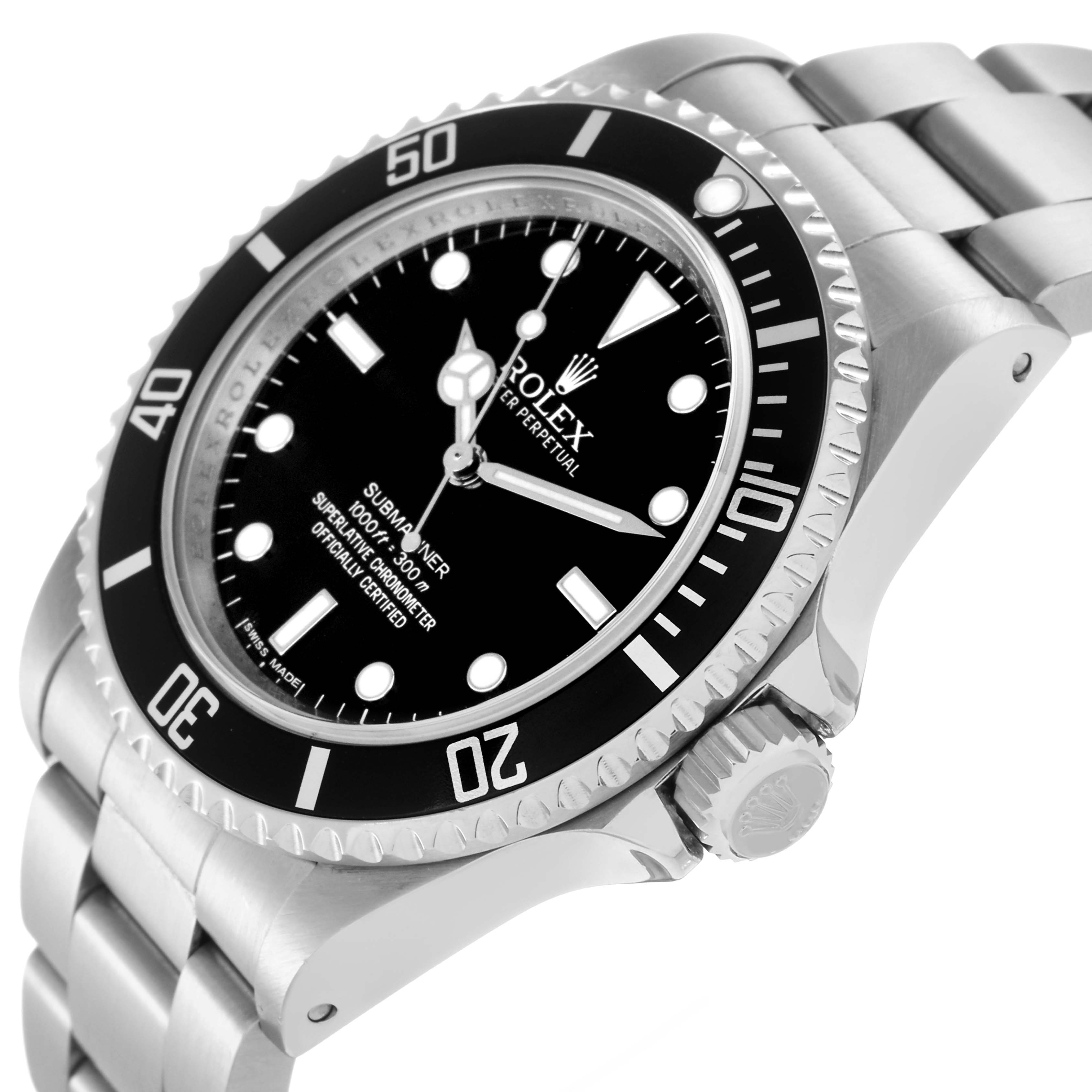 The image shows a Rolex Submariner 14060 Men
s Stainless Steel Black Dial 14060 Men
s Stainless Steel Black Dial from an angled view highlighting the dial, bezel, case, and part of the bracelet.