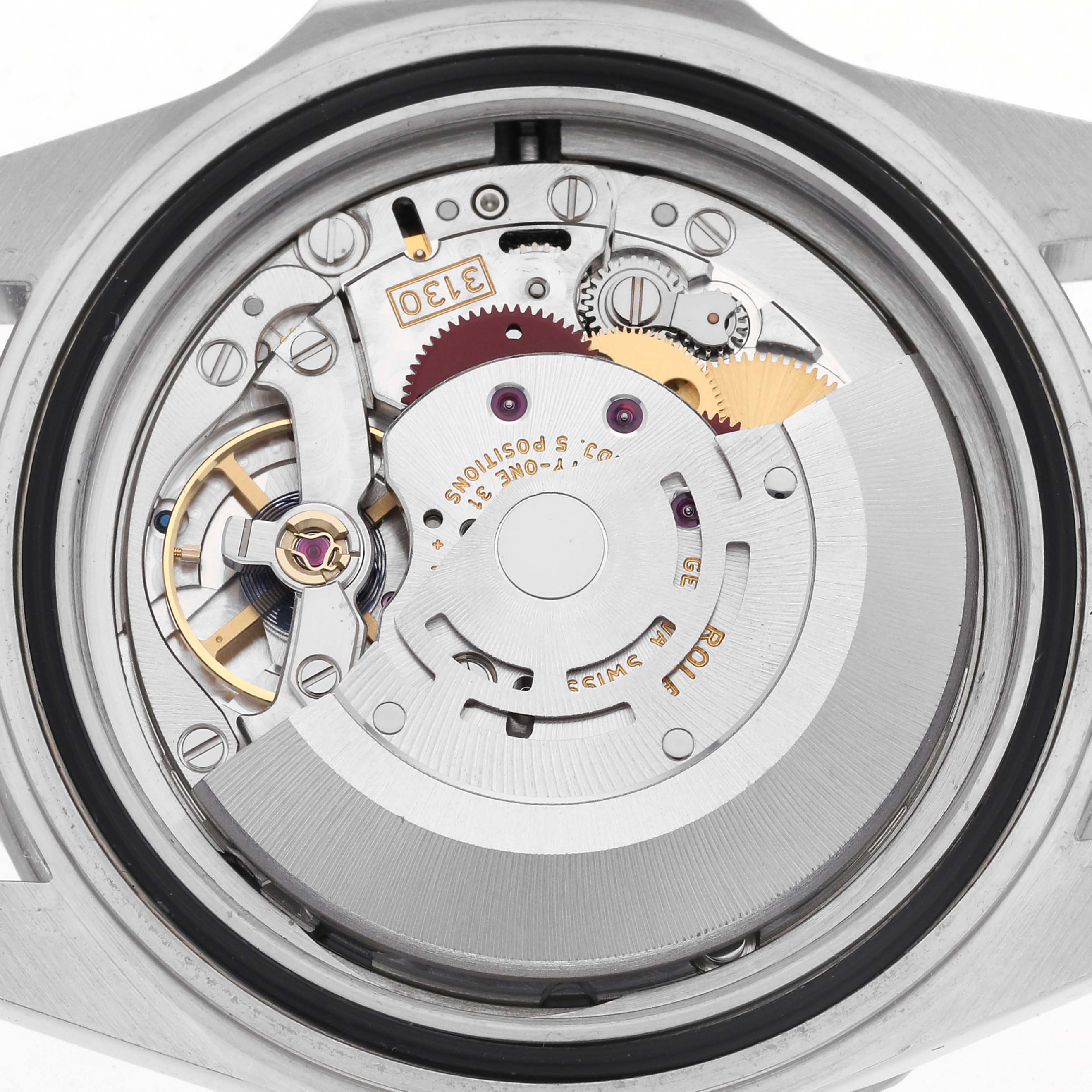 This image shows the internal movement mechanism of a Rolex Submariner 14060 Men
s Stainless Steel Black Dial 14060 Men
s Stainless Steel Black Dial, viewed from the back with gears and components visible.