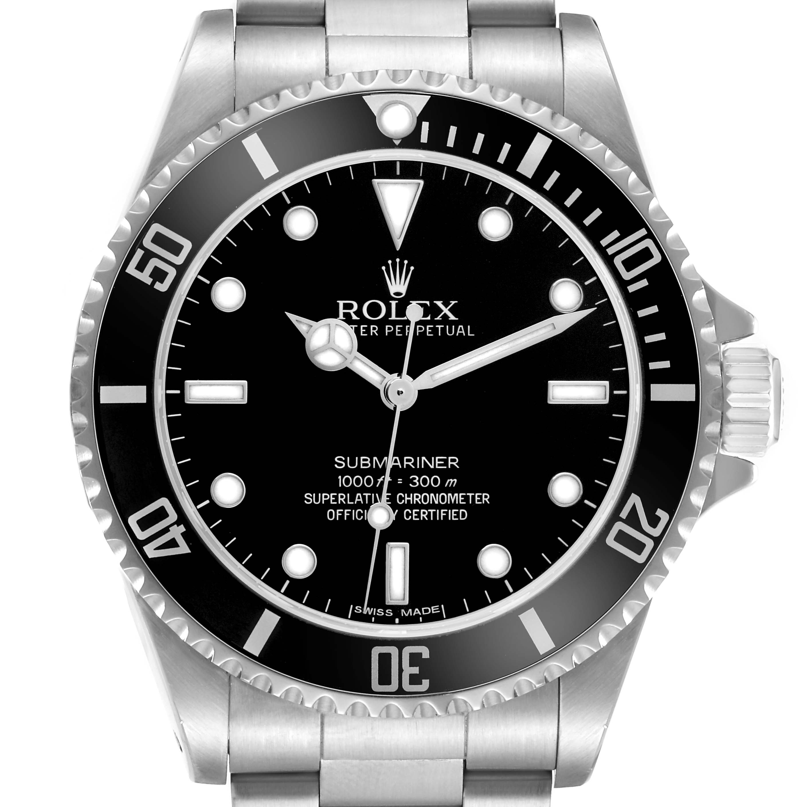 The Rolex Submariner 14060 Men
s Stainless Steel Black Dial 14060 Men
s Stainless Steel Black Dial watch is shown from a front angle, displaying the dial, bezel, crown, and part of the bracelet.