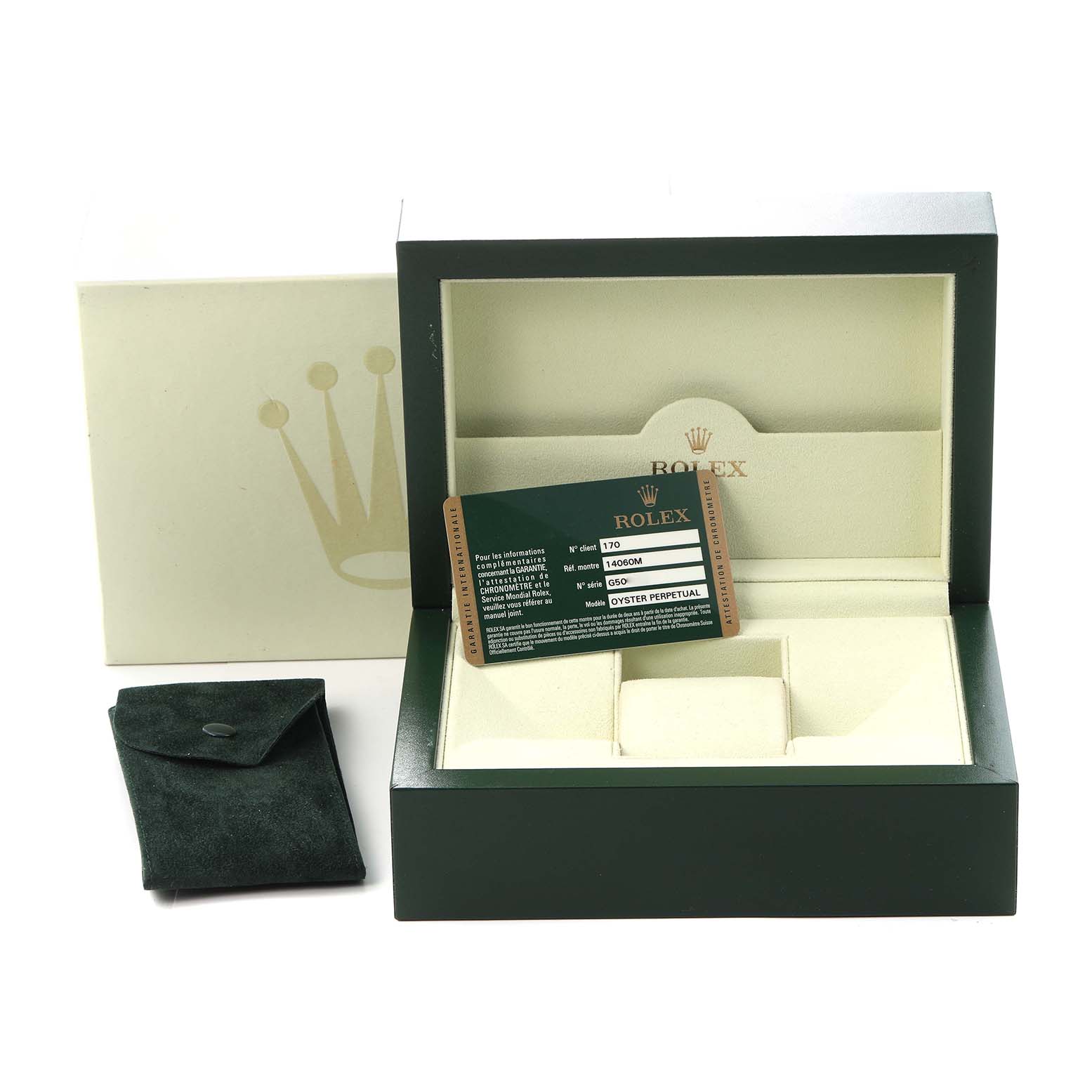 The image shows the packaging of the Rolex Submariner 14060 Men
s Stainless Steel Black Dial 14060 Men
s Stainless Steel Black Dial, including the box, a warranty card, and a booklet from a frontal angle.