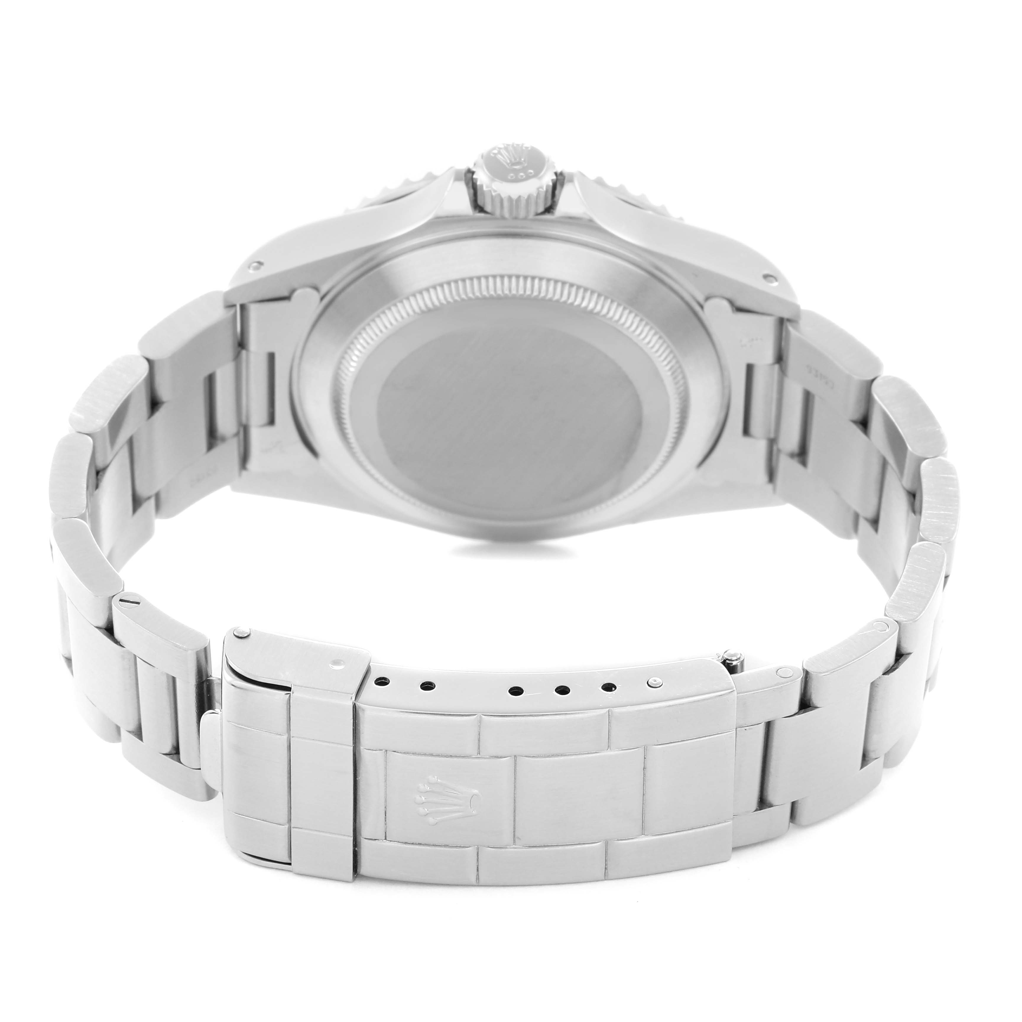 The image shows the Rolex Submariner 14060 Men
s Stainless Steel Black Dial 14060 Men
s Stainless Steel Black Dial watch from the rear, highlighting the back case and stainless steel bracelet with clasp.