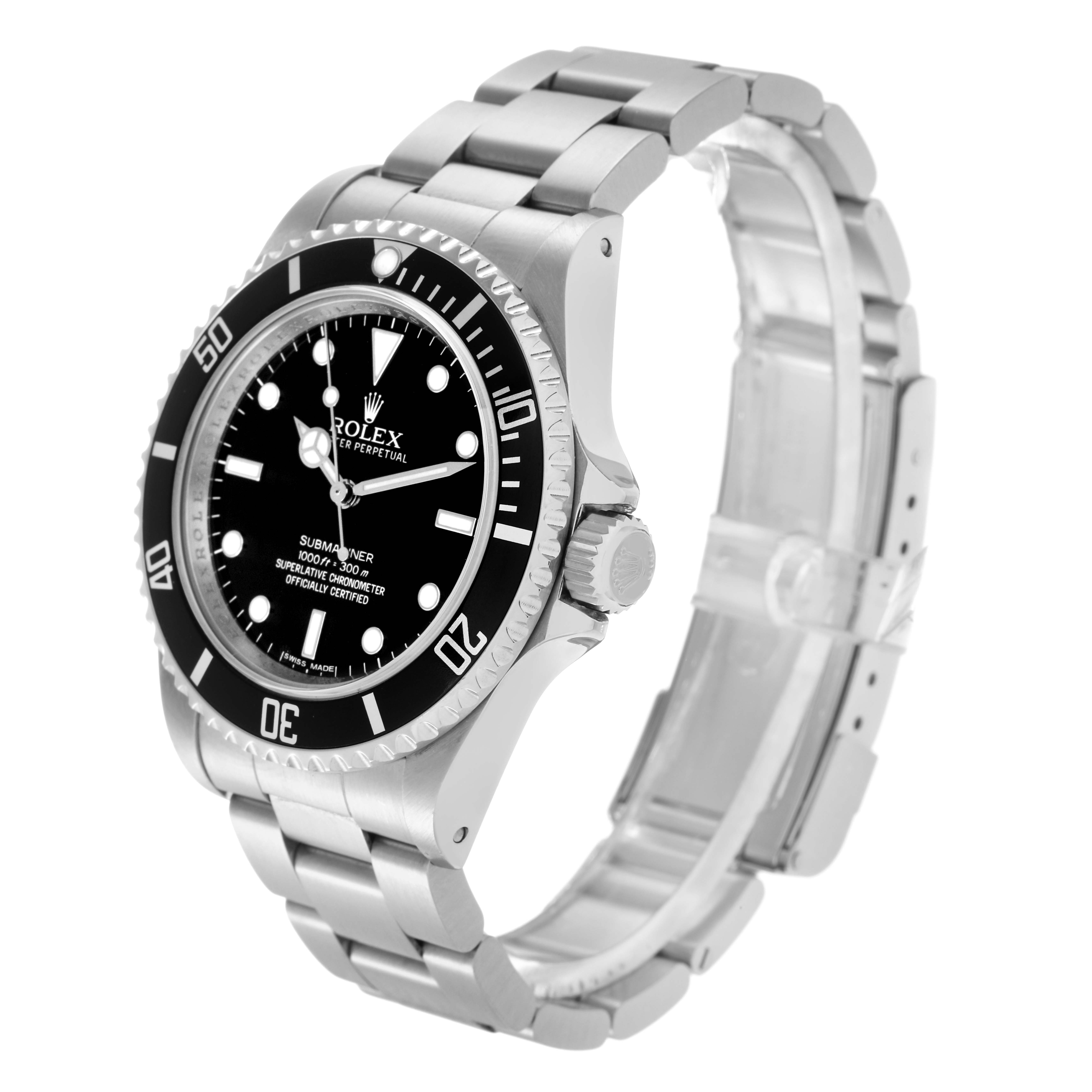 The Rolex Submariner 14060 Men
s Stainless Steel Black Dial 14060 Men
s Stainless Steel Black Dial watch is shown at a three-quarter angle, highlighting the bezel, crown, and stainless steel bracelet.