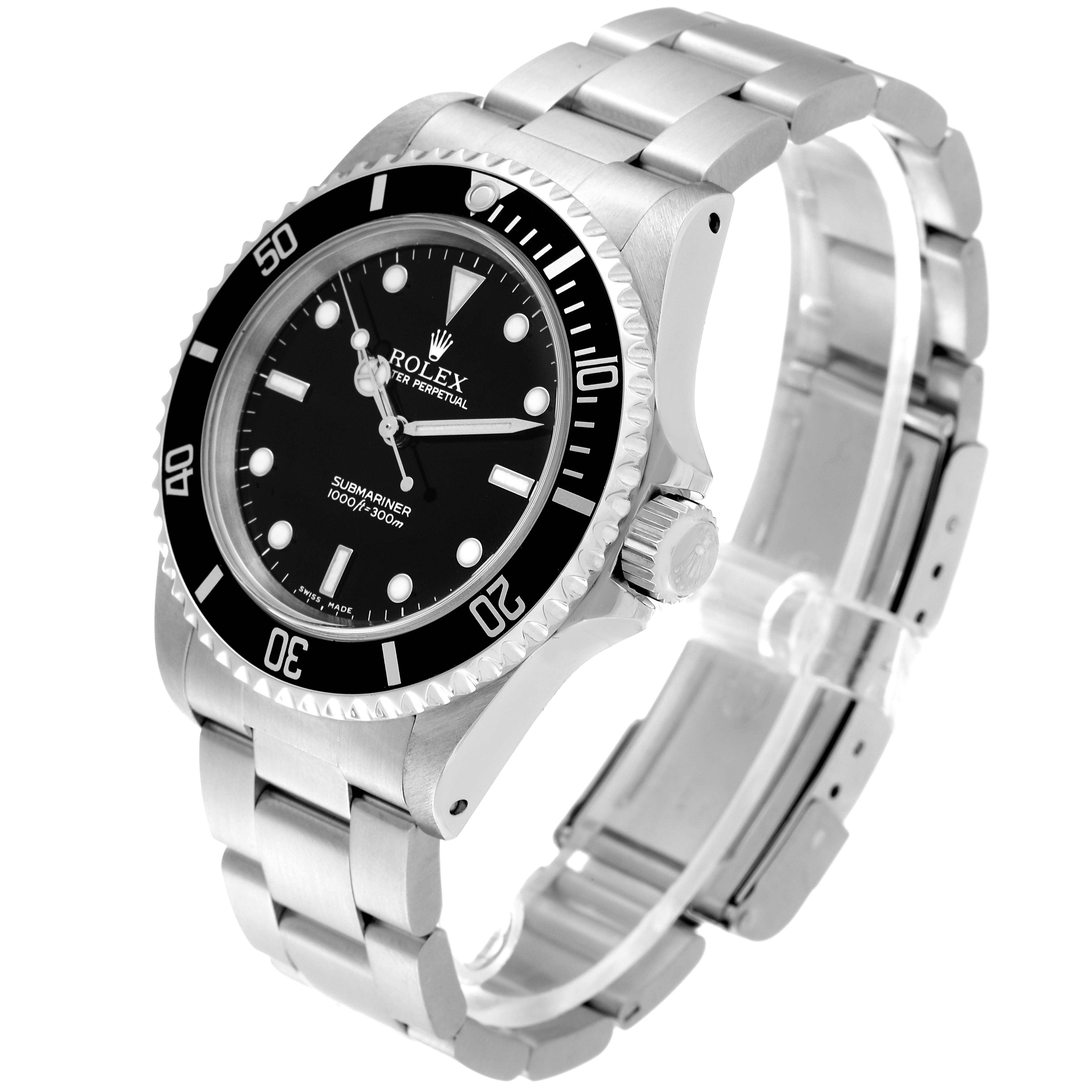 The Rolex Submariner 14060 Men
s Stainless Steel Black Dial 14060 Men
s Stainless Steel Black Dial watch is shown at an angle highlighting the face, bezel, crown, and stainless steel bracelet.
