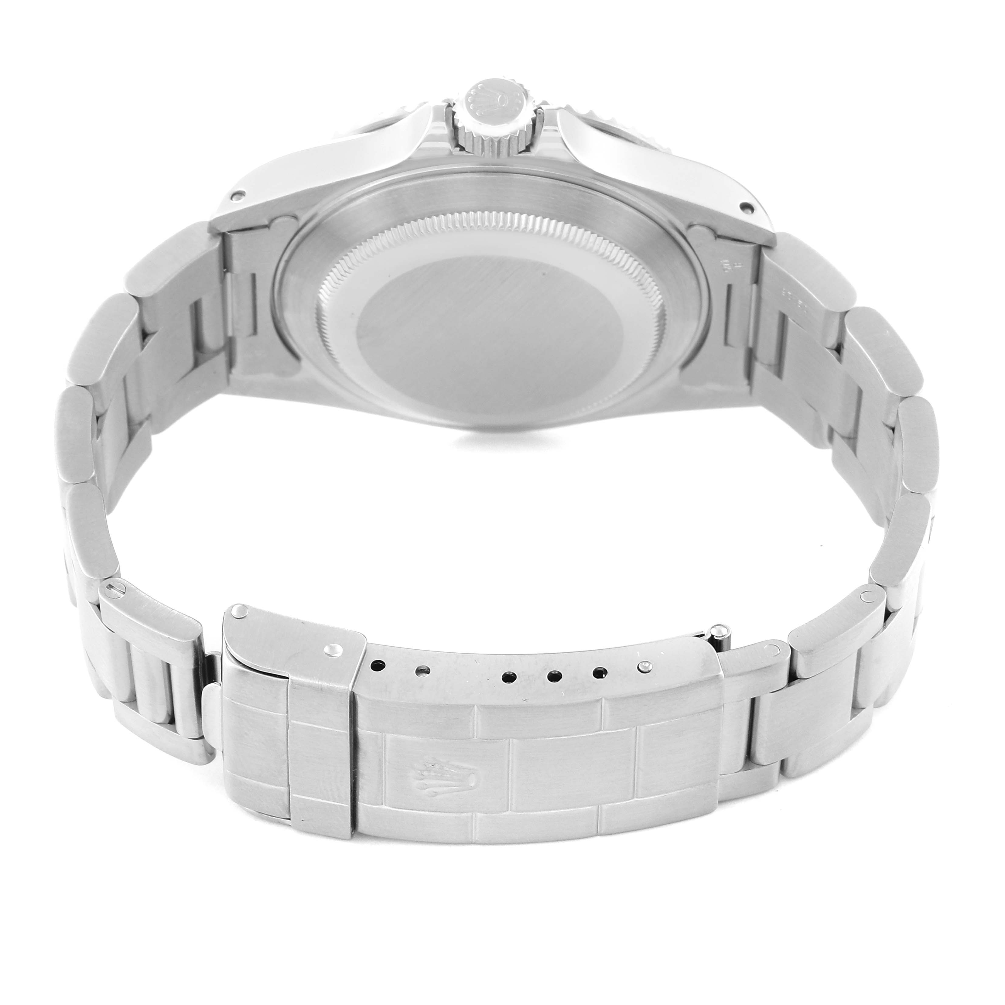 The image shows the back view of a Rolex Submariner 14060 Men
s Stainless Steel Black Dial 14060 Men
s Stainless Steel Black Dial watch, highlighting the case back and the clasp of the bracelet.