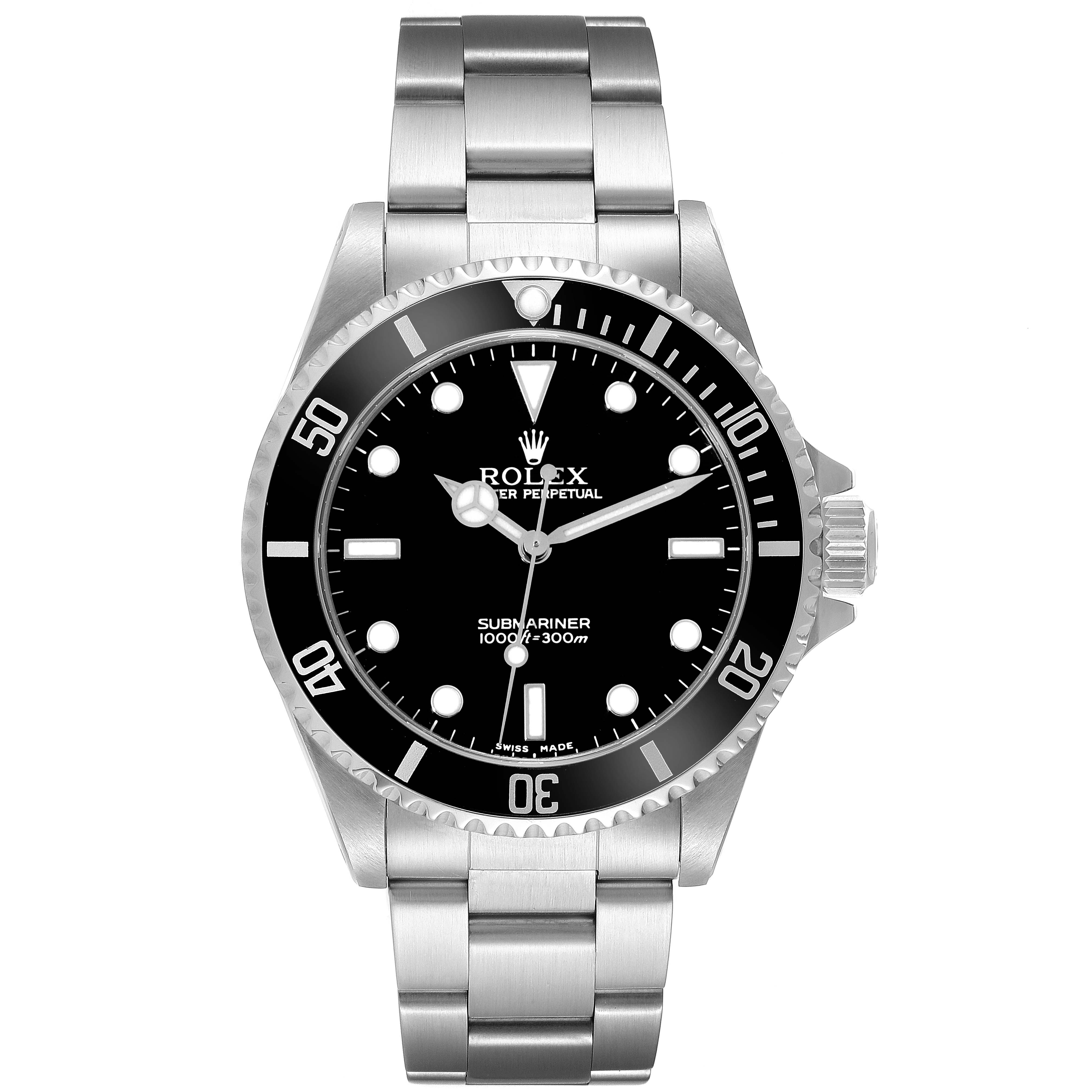 The image shows a front view of the Rolex Submariner 14060 Men
s Stainless Steel Black Dial 14060 Men
s Stainless Steel Black Dial watch, displaying its dial, bezel, and bracelet.