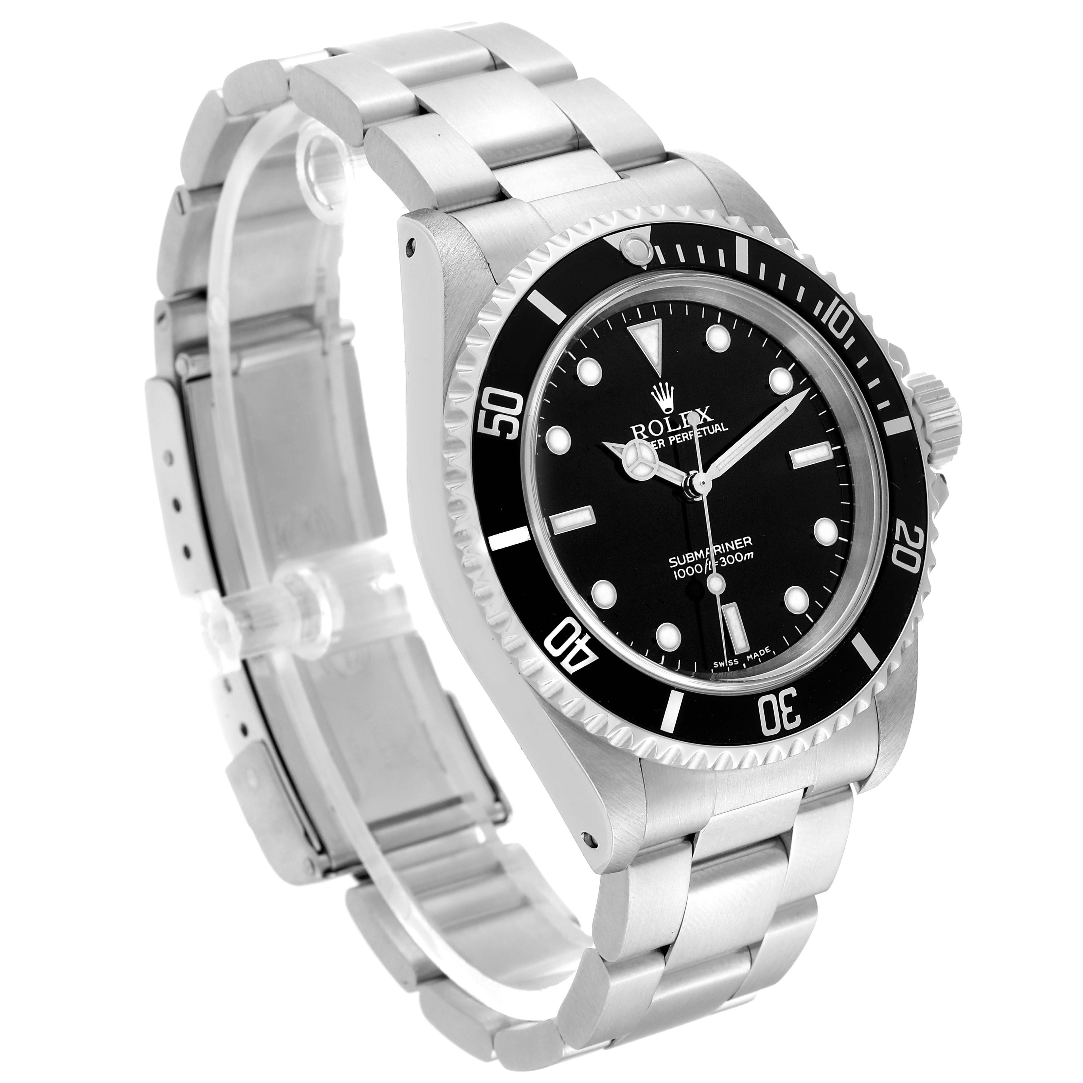 The Rolex Submariner 14060 Men
s Stainless Steel Black Dial 14060 Men
s Stainless Steel Black Dial watch is shown at an angled side view, displaying the face, bezel, crown, and bracelet.