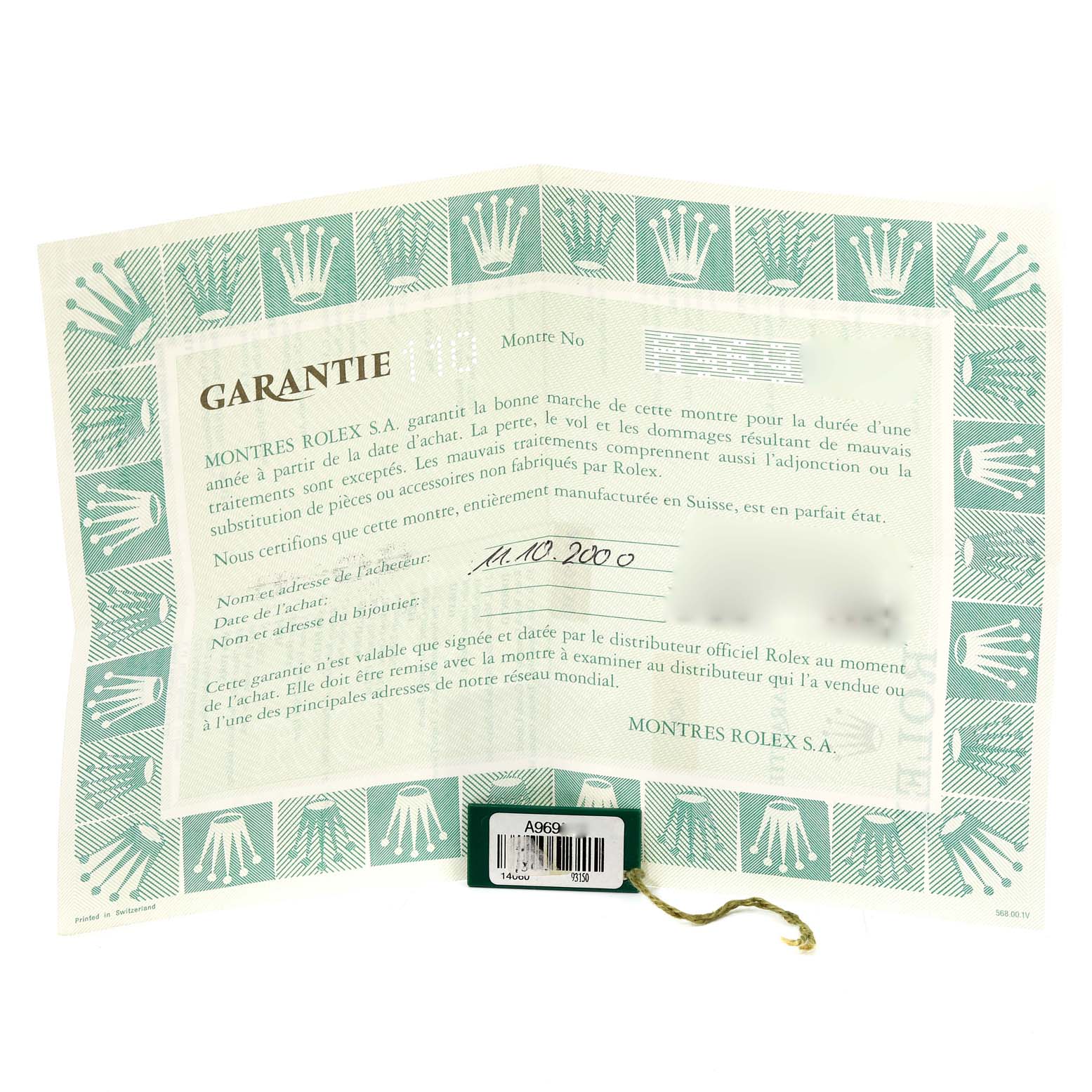 The image shows a warranty card for a Rolex Submariner 14060 Men
s Stainless Steel Black Dial 14060 Men
s Stainless Steel Black Dial model, including a green tag with model and serial information.