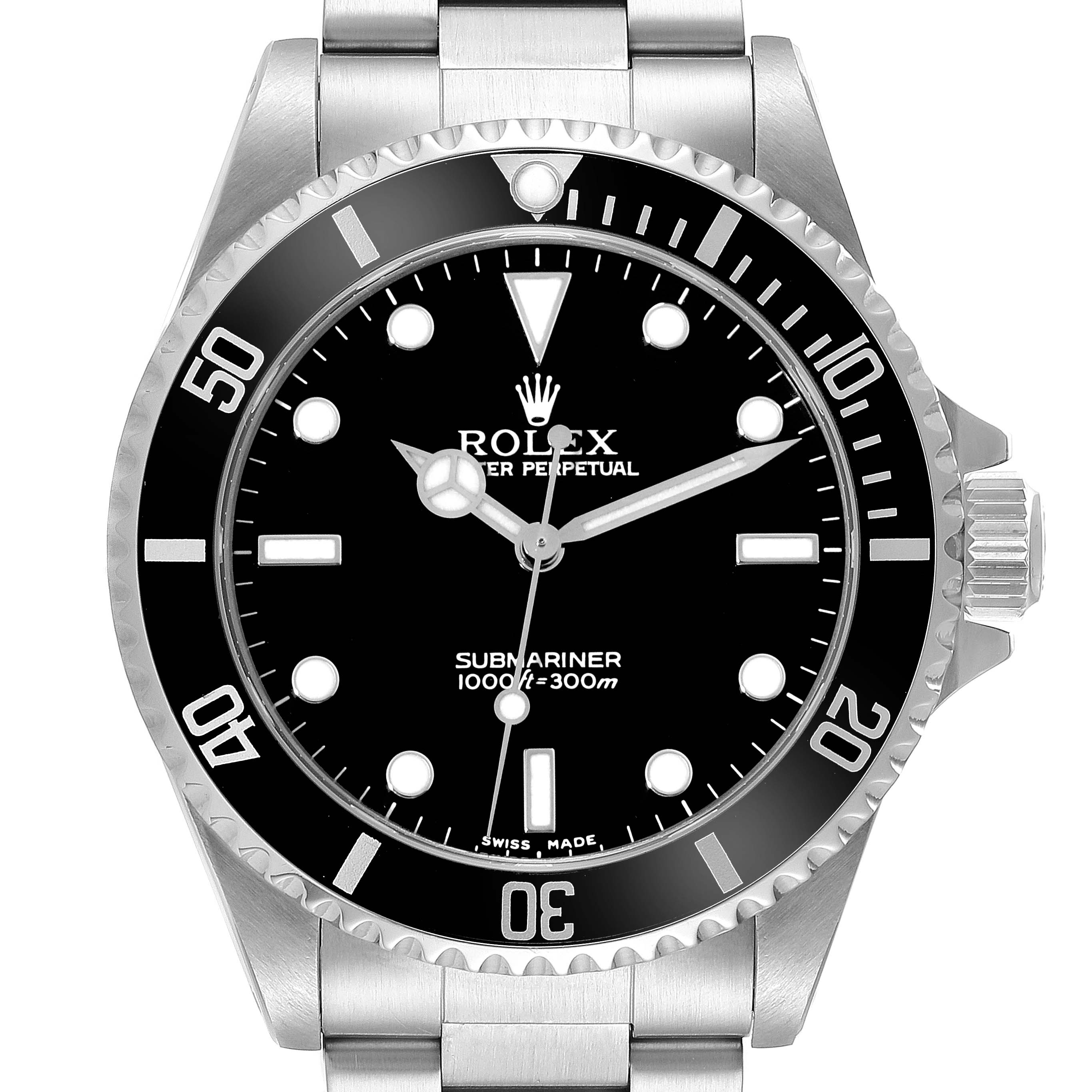 This image shows a front view of the Rolex Submariner 14060 Men
s Stainless Steel Black Dial 14060 Men
s Stainless Steel Black Dial watch, highlighting the dial, bezel, crown, and part of the bracelet.