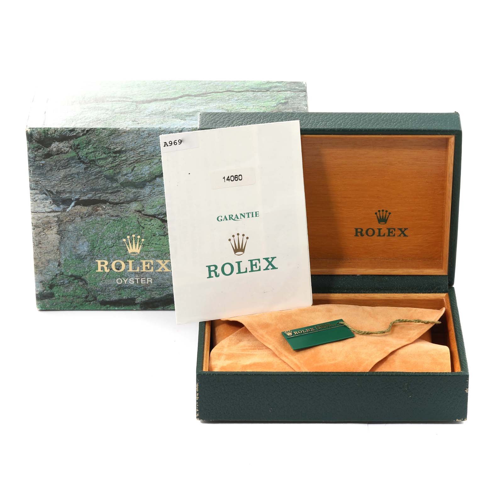 The image shows the packaging, warranty card, and a protective pouch for a Rolex Submariner 14060 Men
s Stainless Steel Black Dial 14060 Men
s Stainless Steel Black Dial watch.