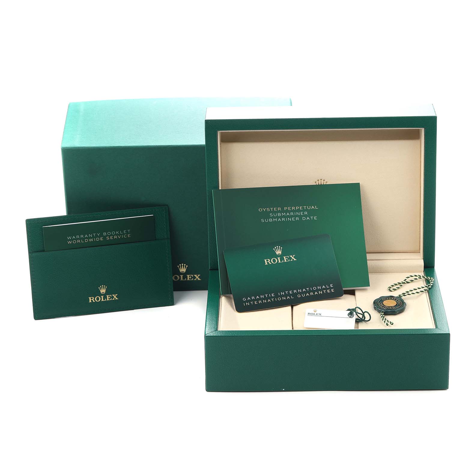 The image shows accessories for a Rolex Submariner 126610LV Men
s Stainless Steel Black Dial 126610LV Men
s Stainless Steel Black Dial, including a box, manuals, warranty, and tag, viewed from above.