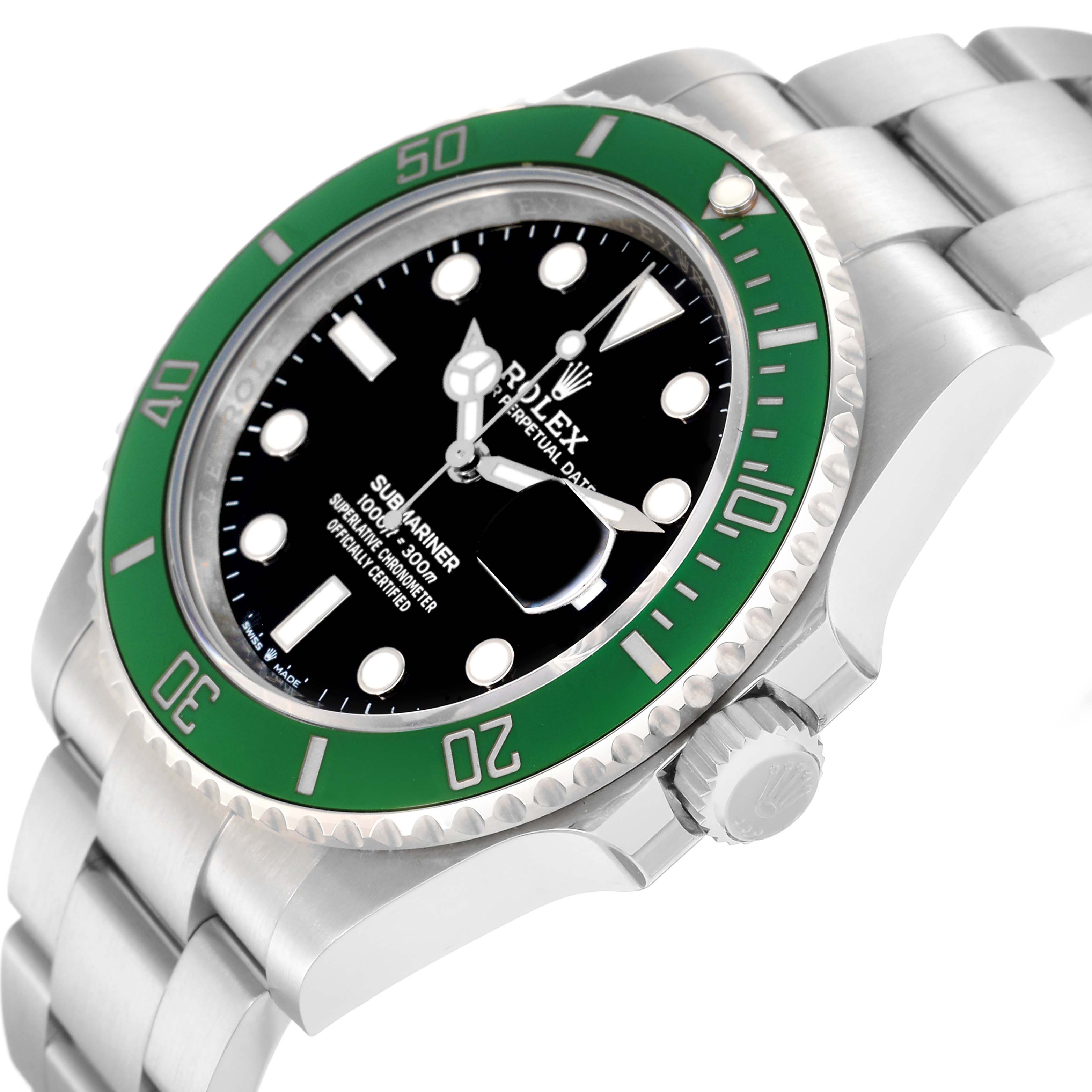 The Rolex Submariner 126610LV Men
s Stainless Steel Black Dial 126610LV Men
s Stainless Steel Black Dial watch is shown at an angled side view, highlighting the green bezel, black dial, and part of the bracelet.