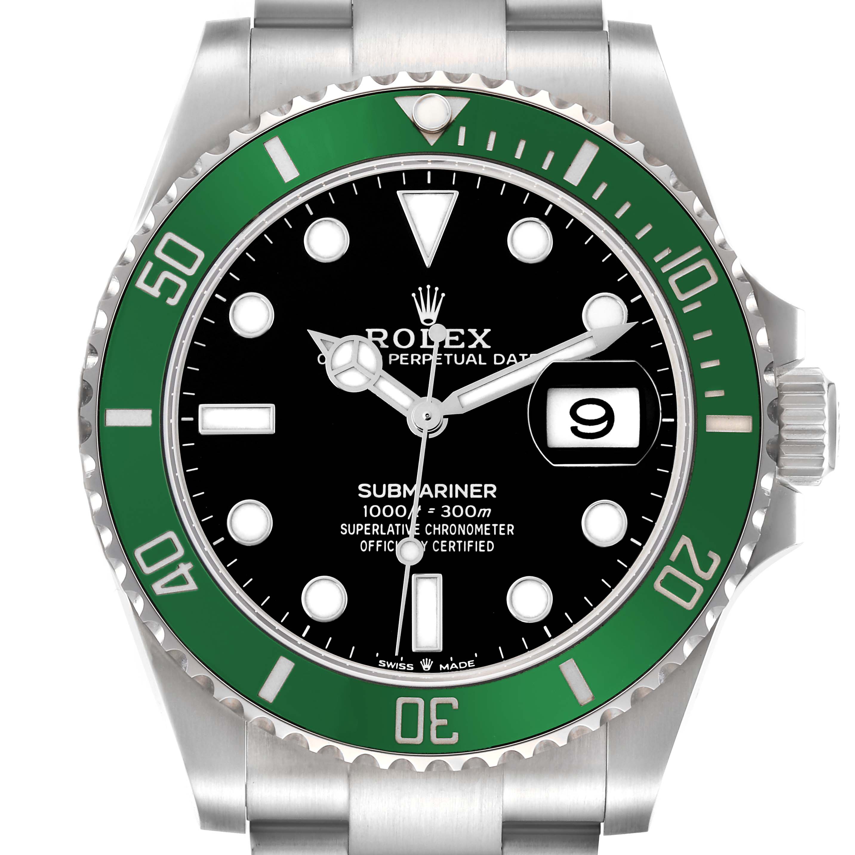 The Rolex Submariner 126610LV Men
s Stainless Steel Black Dial 126610LV Men
s Stainless Steel Black Dial watch is shown from a front angle, highlighting the dial, bezel, and part of the bracelet.