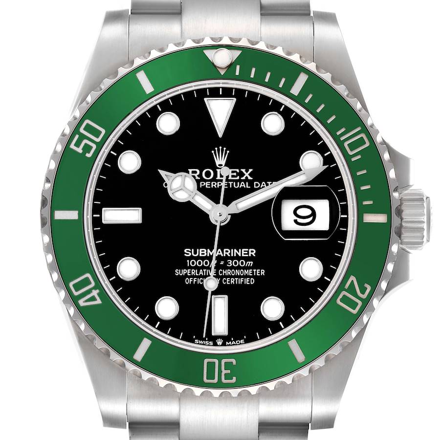 The Rolex Submariner watch is shown from a front angle, highlighting the dial, bezel, and part of the bracelet.