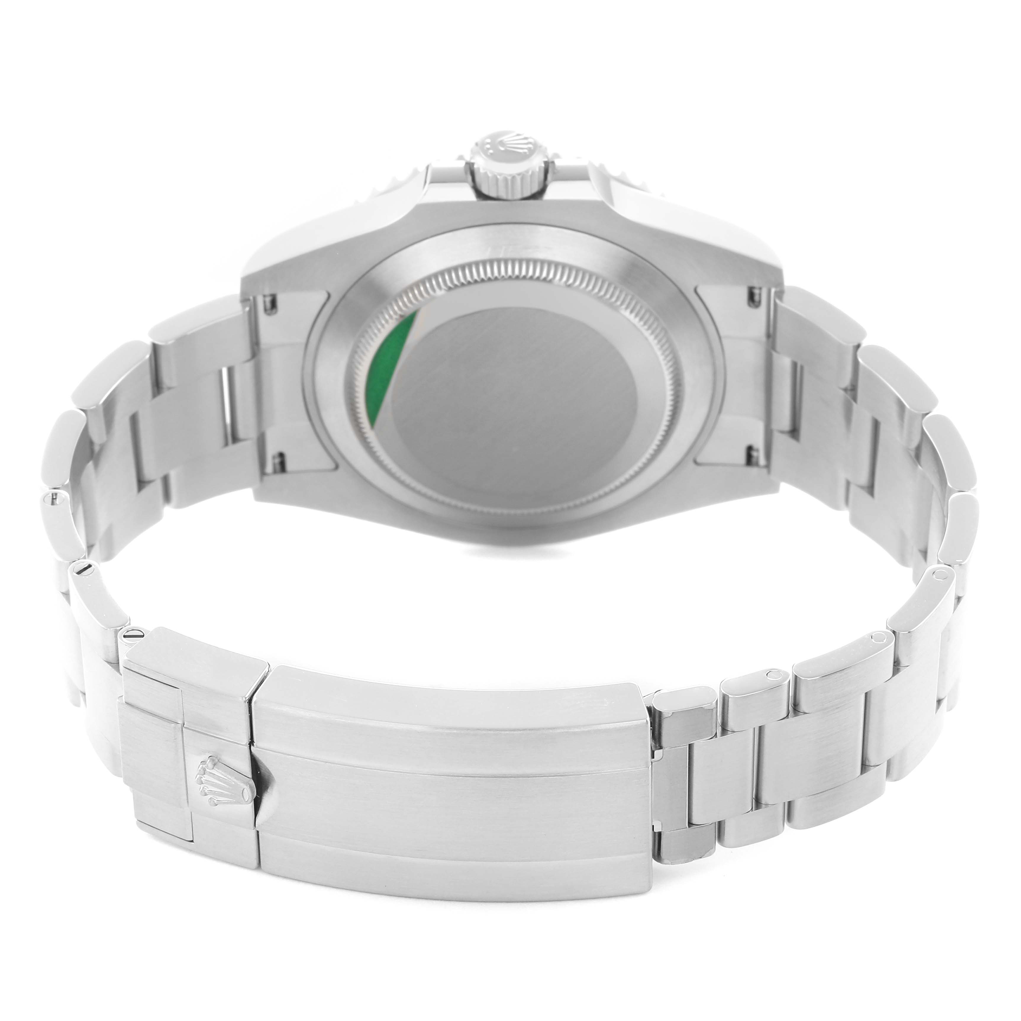 The image shows the back case and clasp of a Rolex Submariner 126610LV Men
s Stainless Steel Black Dial 126610LV Men
s Stainless Steel Black Dial, with its stainless steel bracelet.