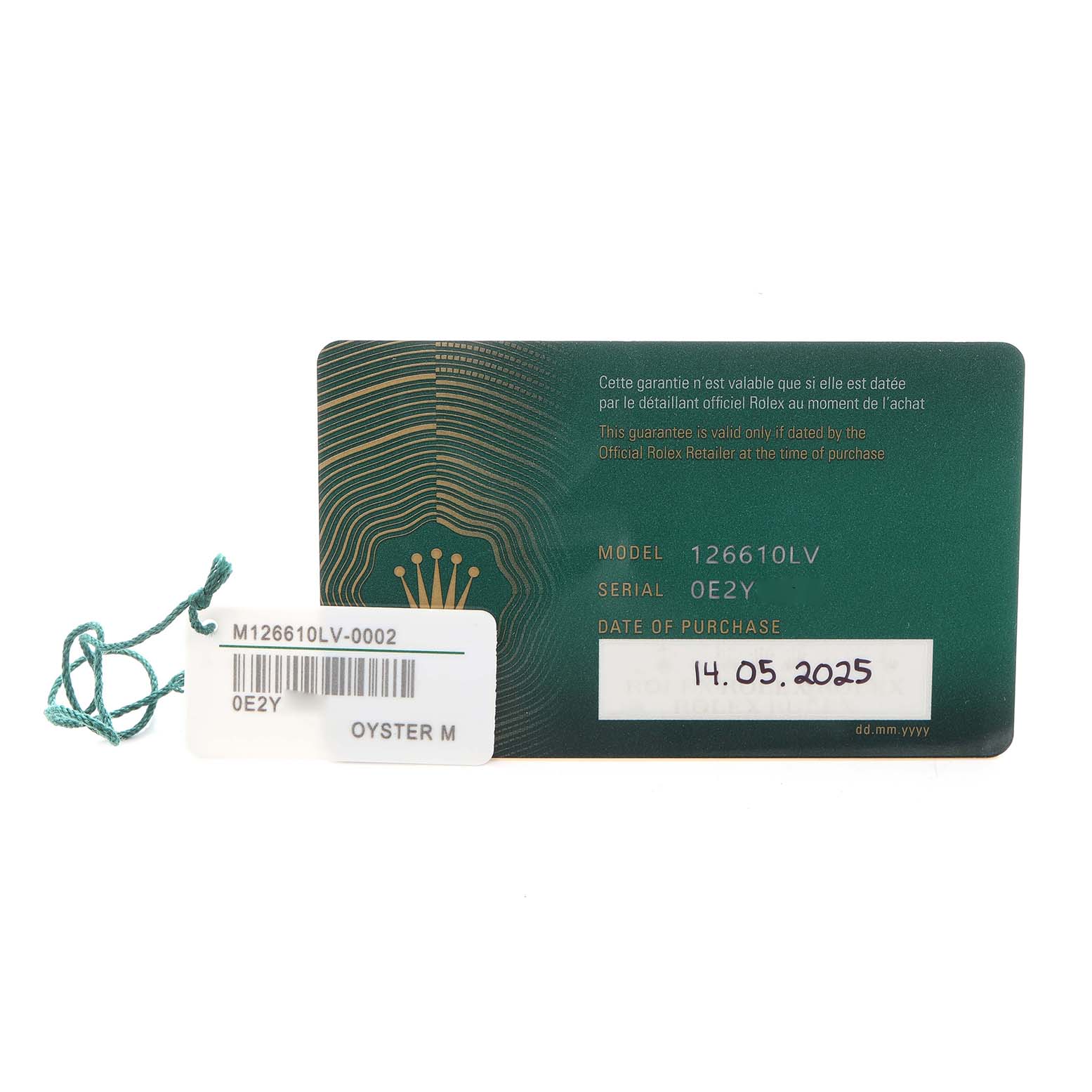 The image shows a warranty card and a tag for a Rolex Submariner 126610LV Men
s Stainless Steel Black Dial 126610LV Men
s Stainless Steel Black Dial, model 126610LV, with serial number 0E2Y.