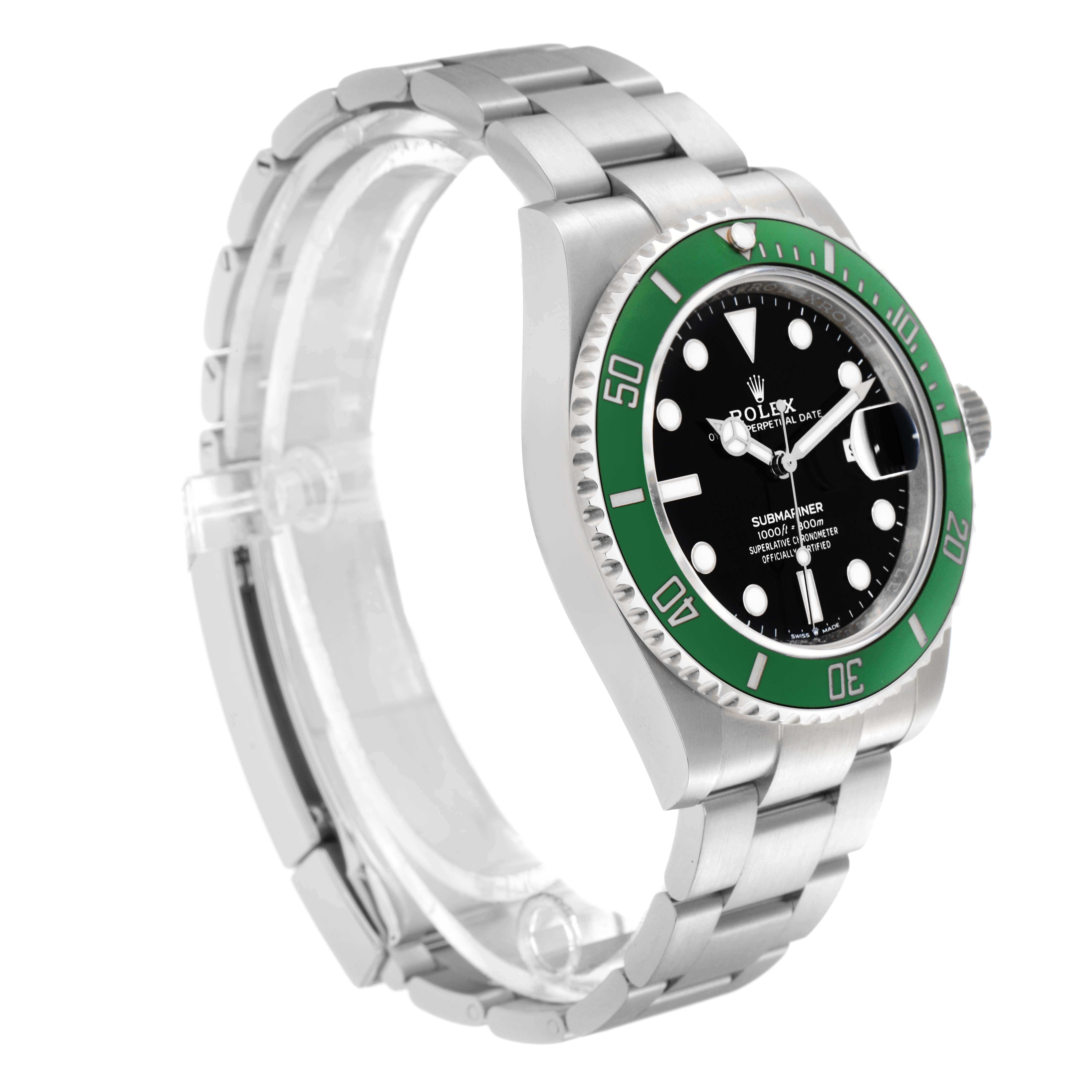 The Rolex Submariner 126610LV Men
s Stainless Steel Black Dial 126610LV Men
s Stainless Steel Black Dial watch is shown at a three-quarter angle, displaying the bezel, dial, bracelet, and crown.