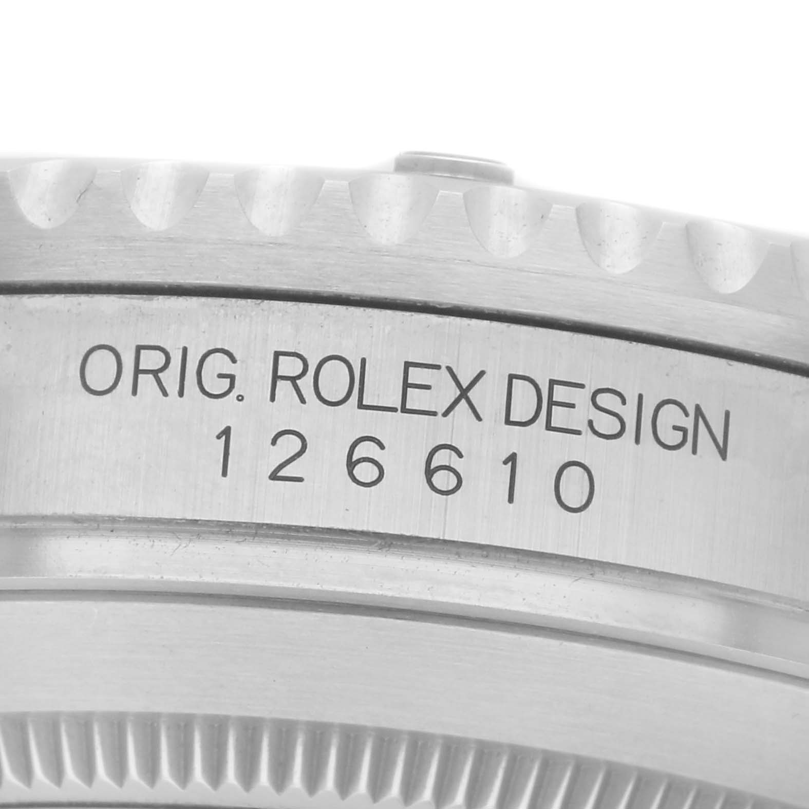 The image shows a side view of the Rolex Submariner 126610LV Men
s Stainless Steel Black Dial 126610LV Men
s Stainless Steel Black Dial
s case band, featuring the model engraving "126610" and "ORIG. ROLEX DESIGN."