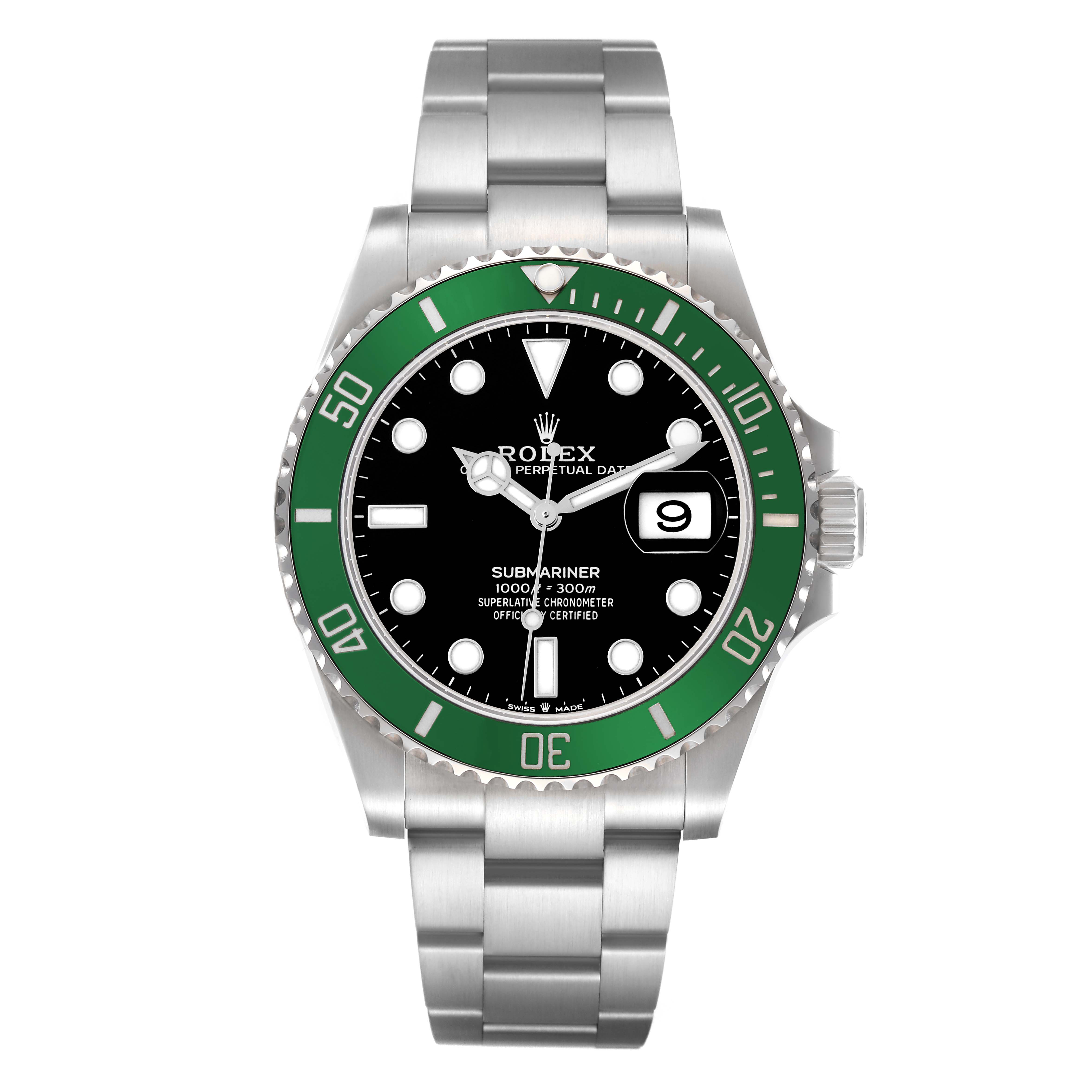 The Rolex Submariner 126610LV Men
s Stainless Steel Black Dial 126610LV Men
s Stainless Steel Black Dial watch is shown from a front angle, displaying the bezel, dial, bracelet, and crown.