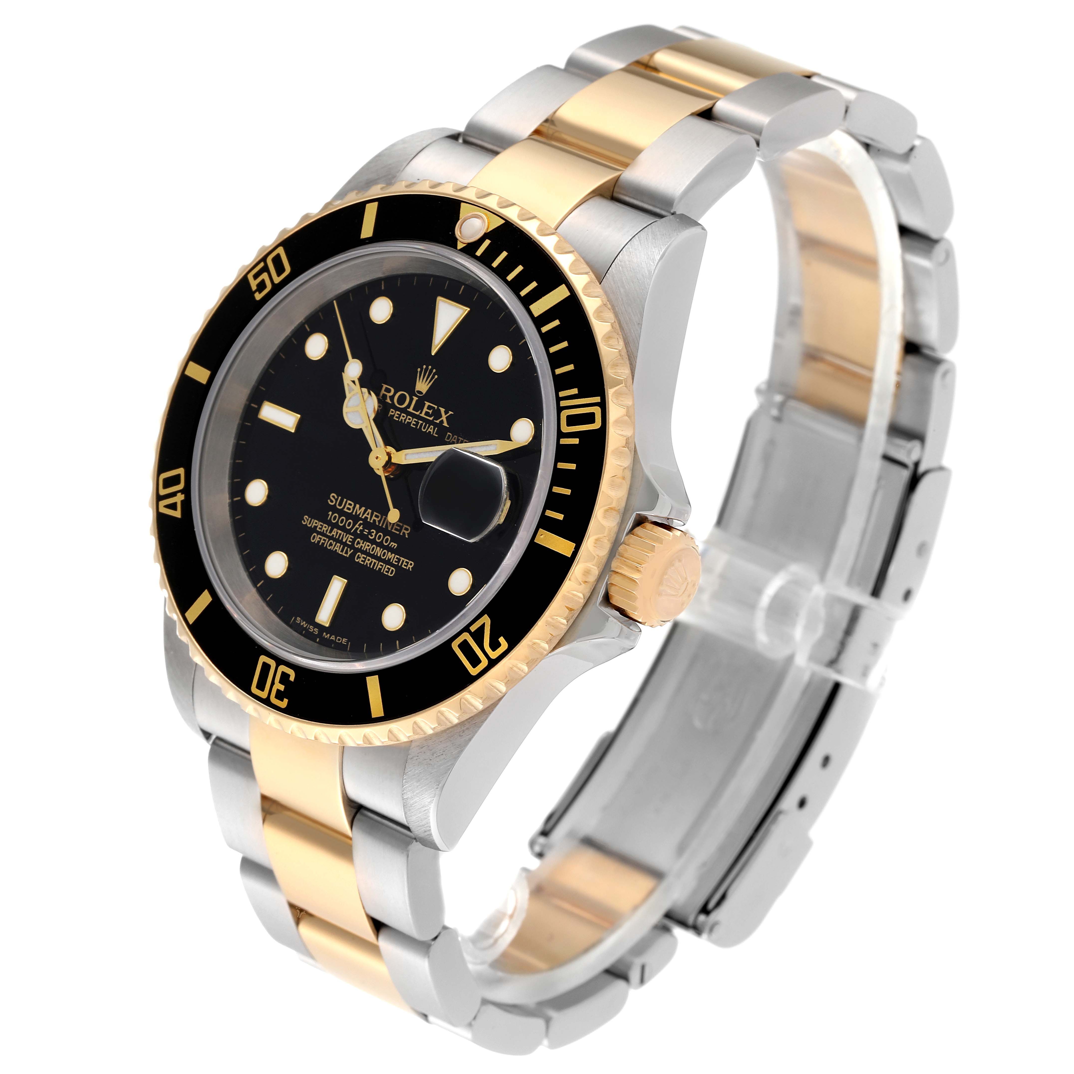 The Rolex Submariner 16613 Men's Steel and Gold (two tone) Black Dial 16613 Men's Steel and Gold (two tone) Black Dial watch is shown at a three-quarter angle, highlighting its black dial, bezel, and two-tone bracelet.