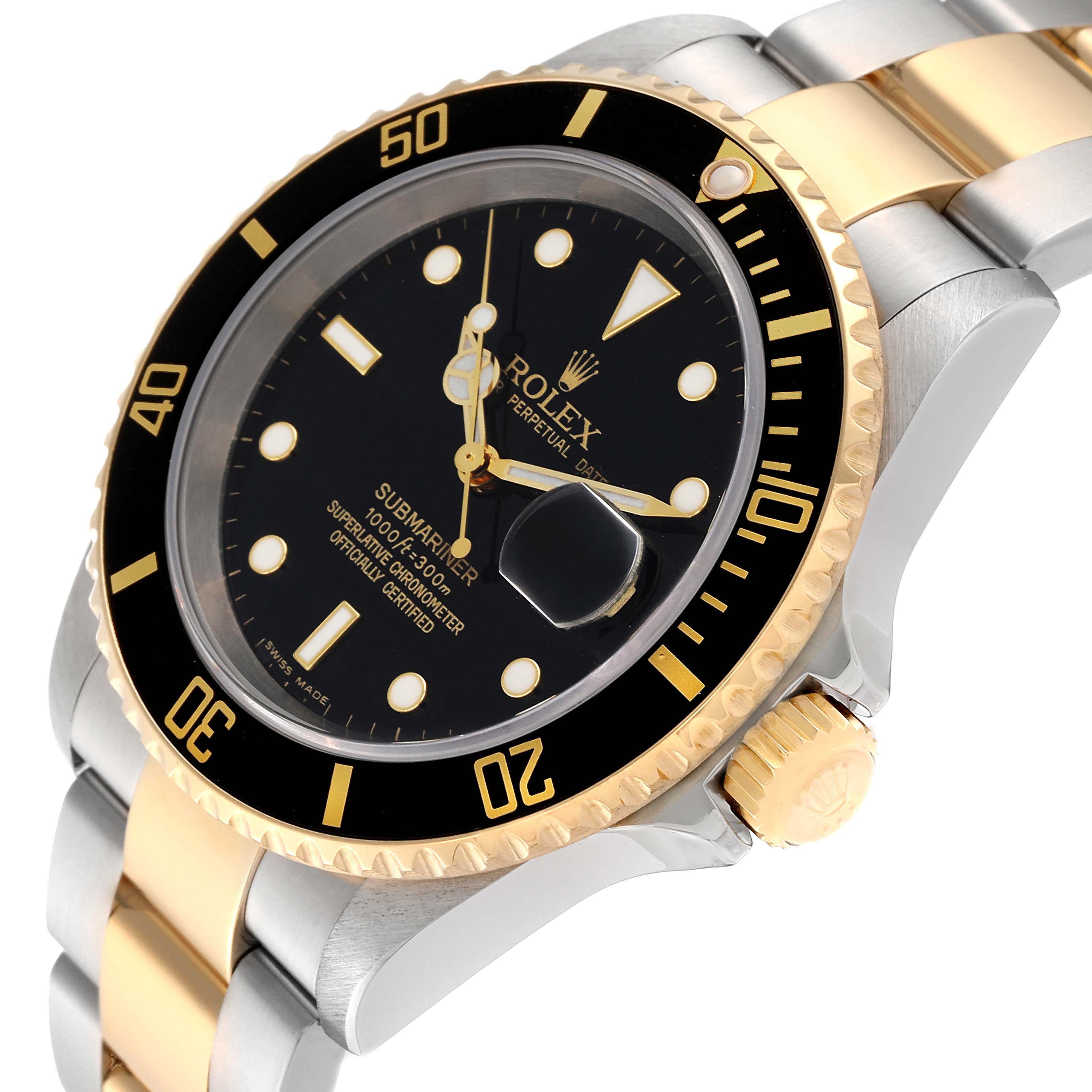 This image shows a close-up angle of a Rolex Submariner 16613 Men's Steel and Gold (two tone) Black Dial 16613 Men's Steel and Gold (two tone) Black Dial watch, highlighting its black dial, gold bezel, and two-tone bracelet.