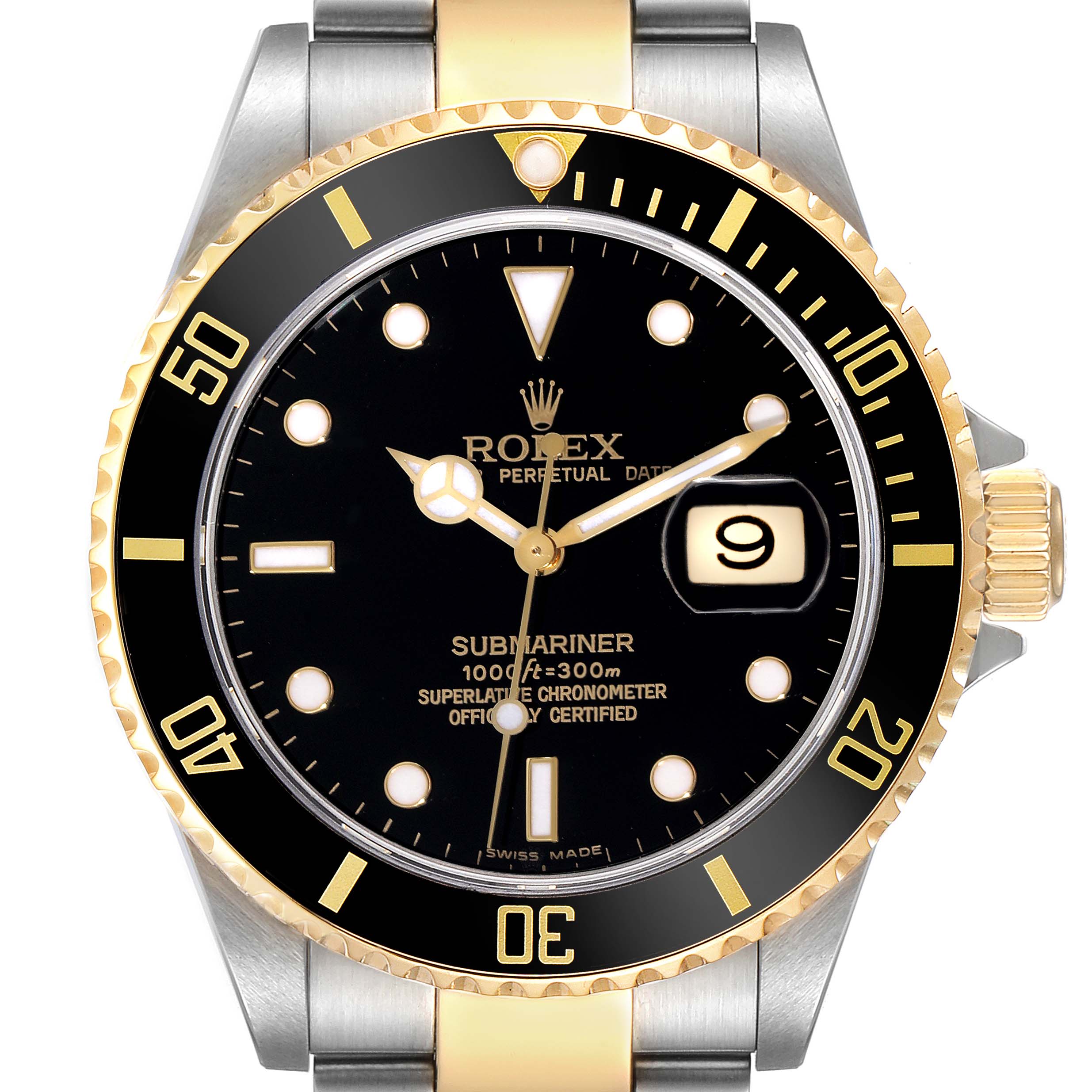 This image shows a front view of a Rolex Submariner 16613 Men's Steel and Gold (two tone) Black Dial 16613 Men's Steel and Gold (two tone) Black Dial watch, showcasing its bezel, dial, hands, and date display.