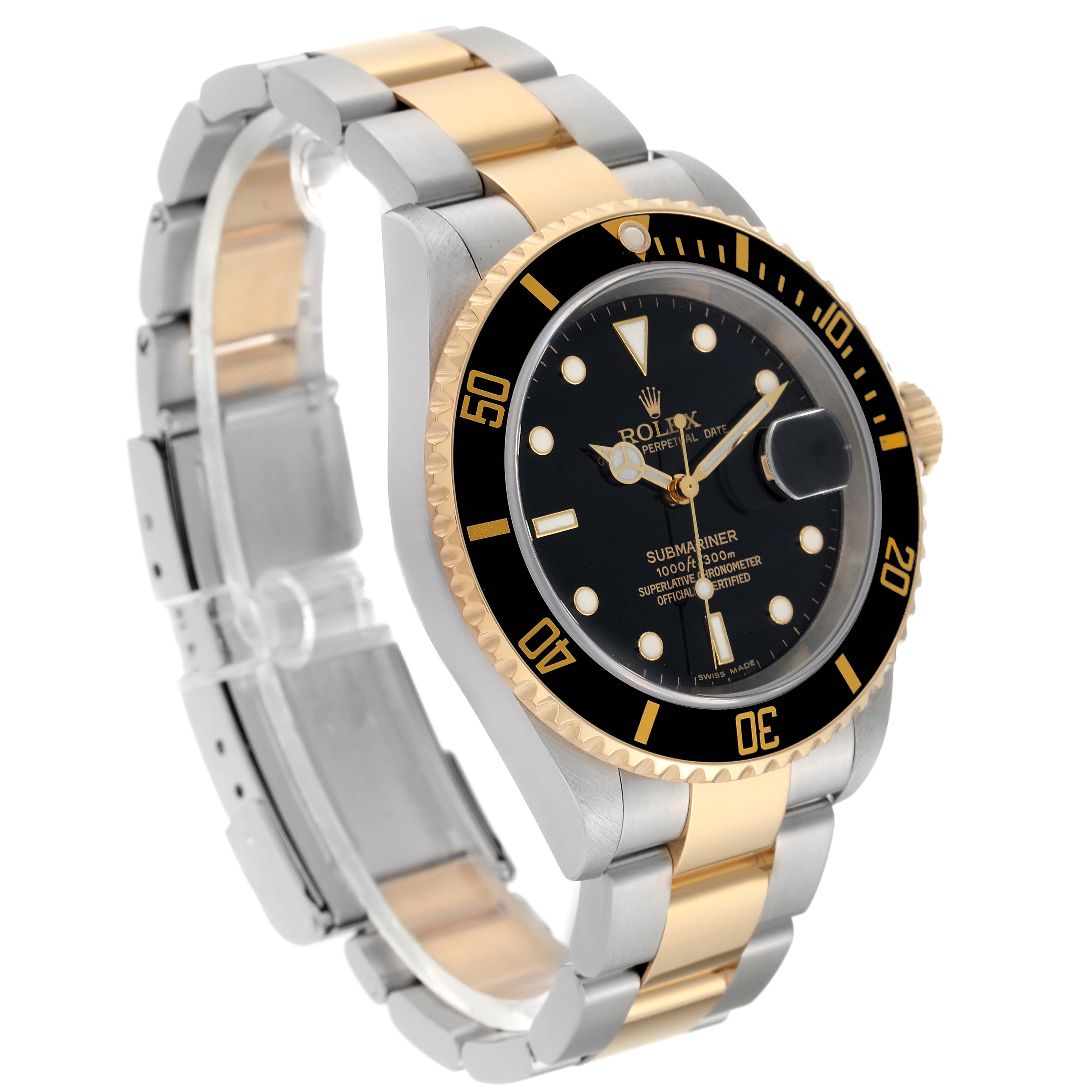 The image shows a Rolex Submariner 16613 Men's Steel and Gold (two tone) Black Dial 16613 Men's Steel and Gold (two tone) Black Dial watch from an angled side view, highlighting the bezel, dial, and bracelet.
