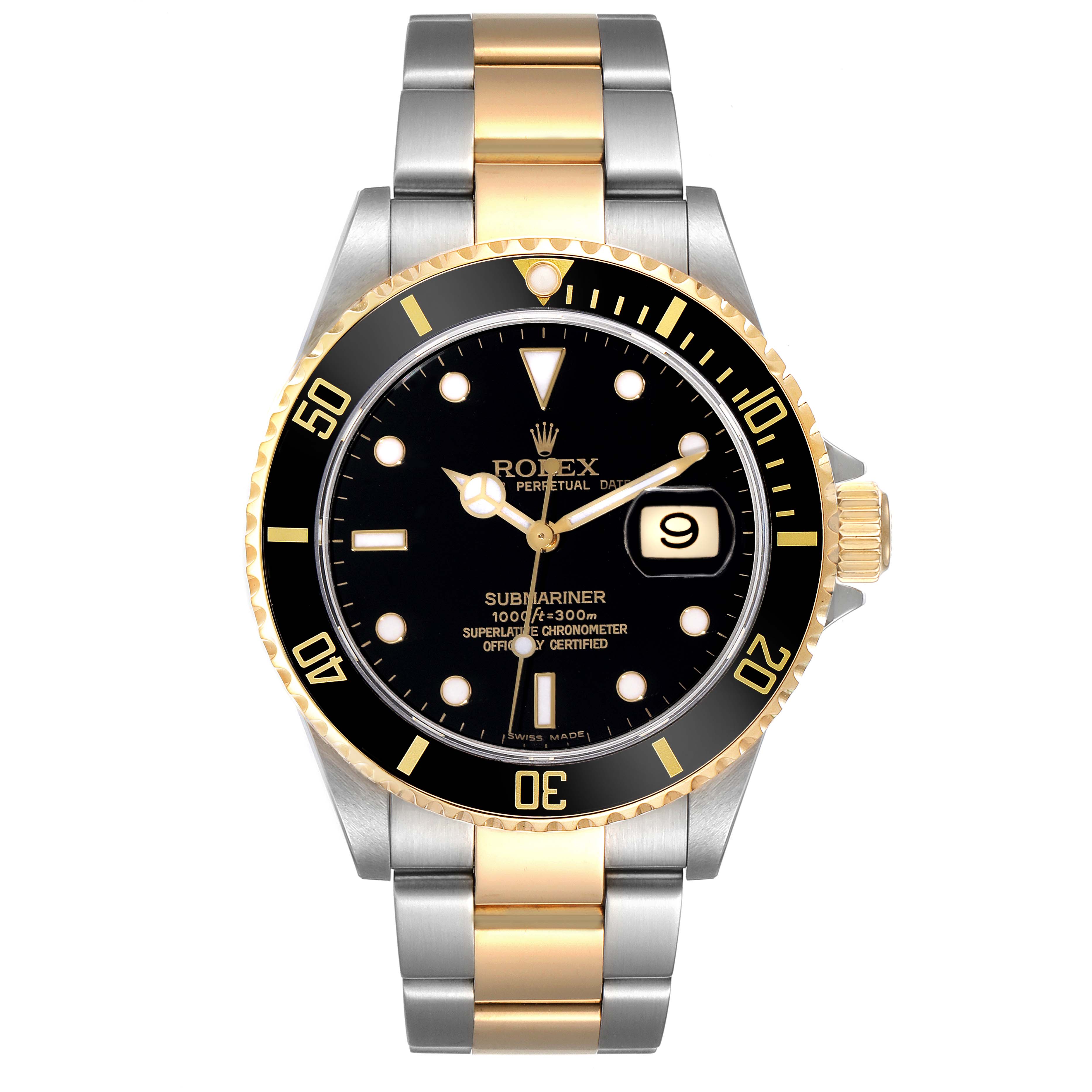 This image shows a front view of the Rolex Submariner 16613 Men's Steel and Gold (two tone) Black Dial 16613 Men's Steel and Gold (two tone) Black Dial watch, displaying the bezel, dial, hands, and bracelet.