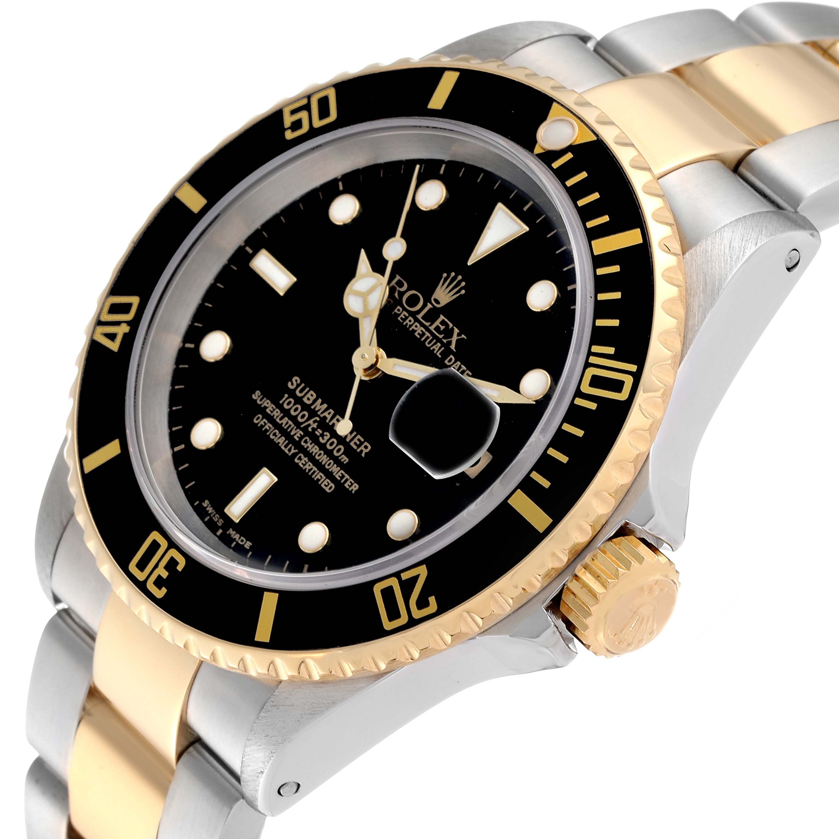 This image shows a three-quarter angle view of the Rolex Submariner 16613 Men's Steel and Gold (two tone) Black Dial 16613 Men's Steel and Gold (two tone) Black Dial, highlighting the dial, bezel, and crown.
