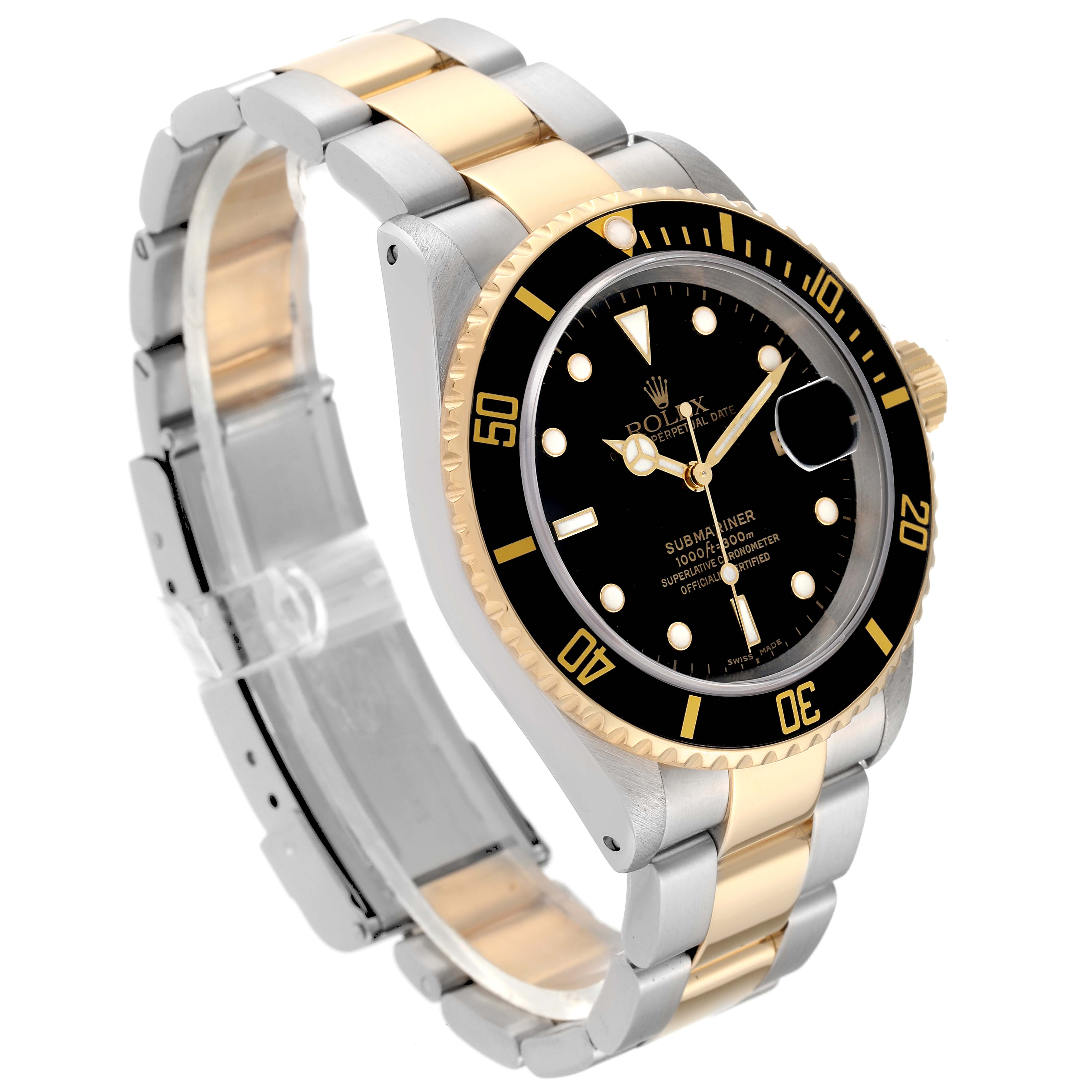 This image shows a Rolex Submariner 16613 Men's Steel and Gold (two tone) Black Dial 16613 Men's Steel and Gold (two tone) Black Dial watch at a slight angle, highlighting the two-tone bracelet, bezel, and black dial.
