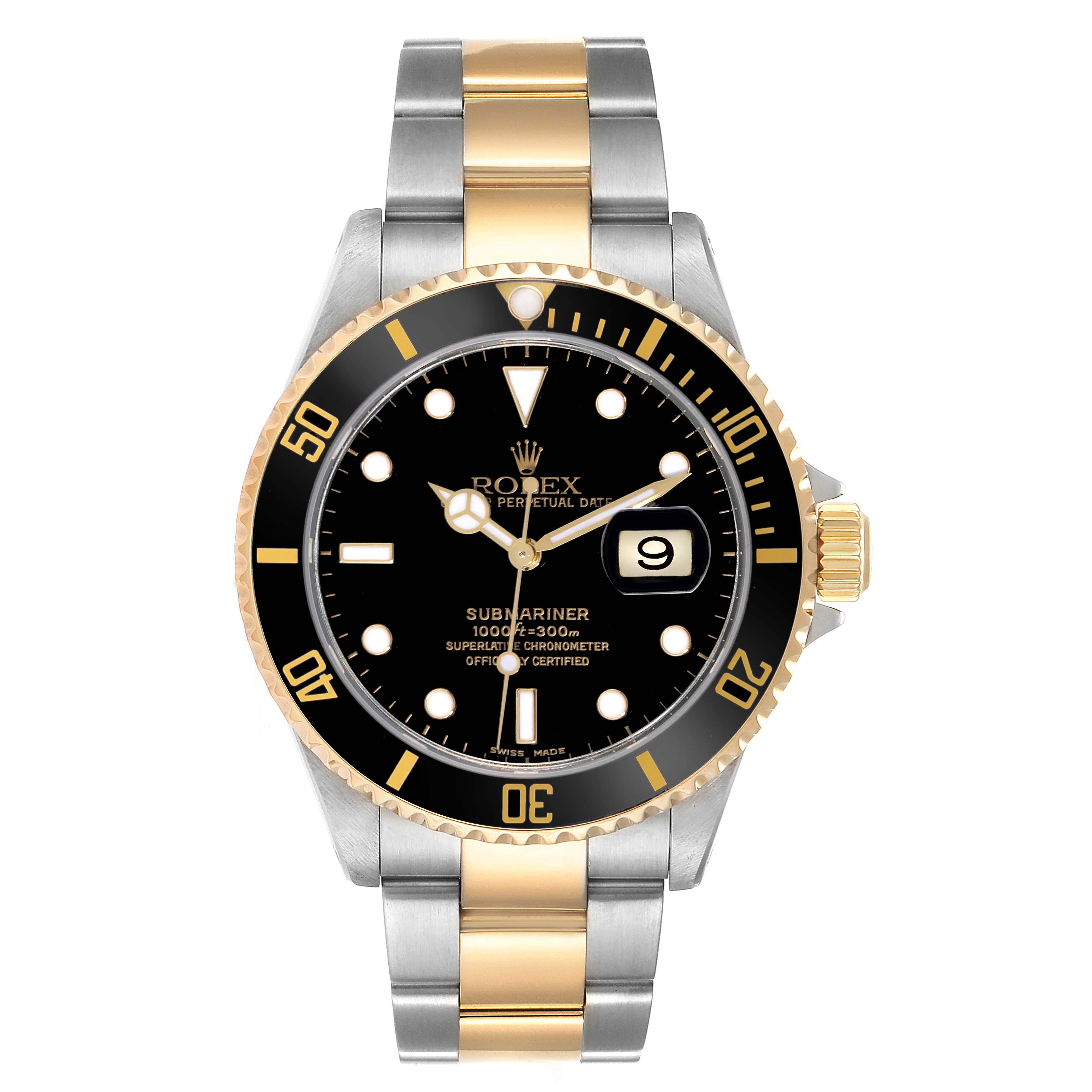 This image shows a front view of a Rolex Submariner 16613 Men's Steel and Gold (two tone) Black Dial 16613 Men's Steel and Gold (two tone) Black Dial watch with a two-tone bracelet and black dial.