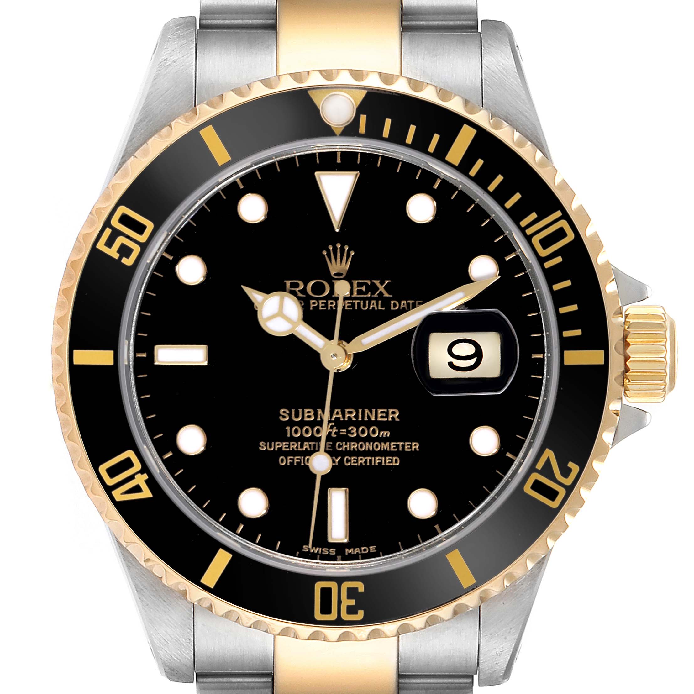 The image shows a front view of a Rolex Submariner 16613 Men's Steel and Gold (two tone) Black Dial 16613 Men's Steel and Gold (two tone) Black Dial watch, featuring the bezel, dial, hands, and date magnifier.