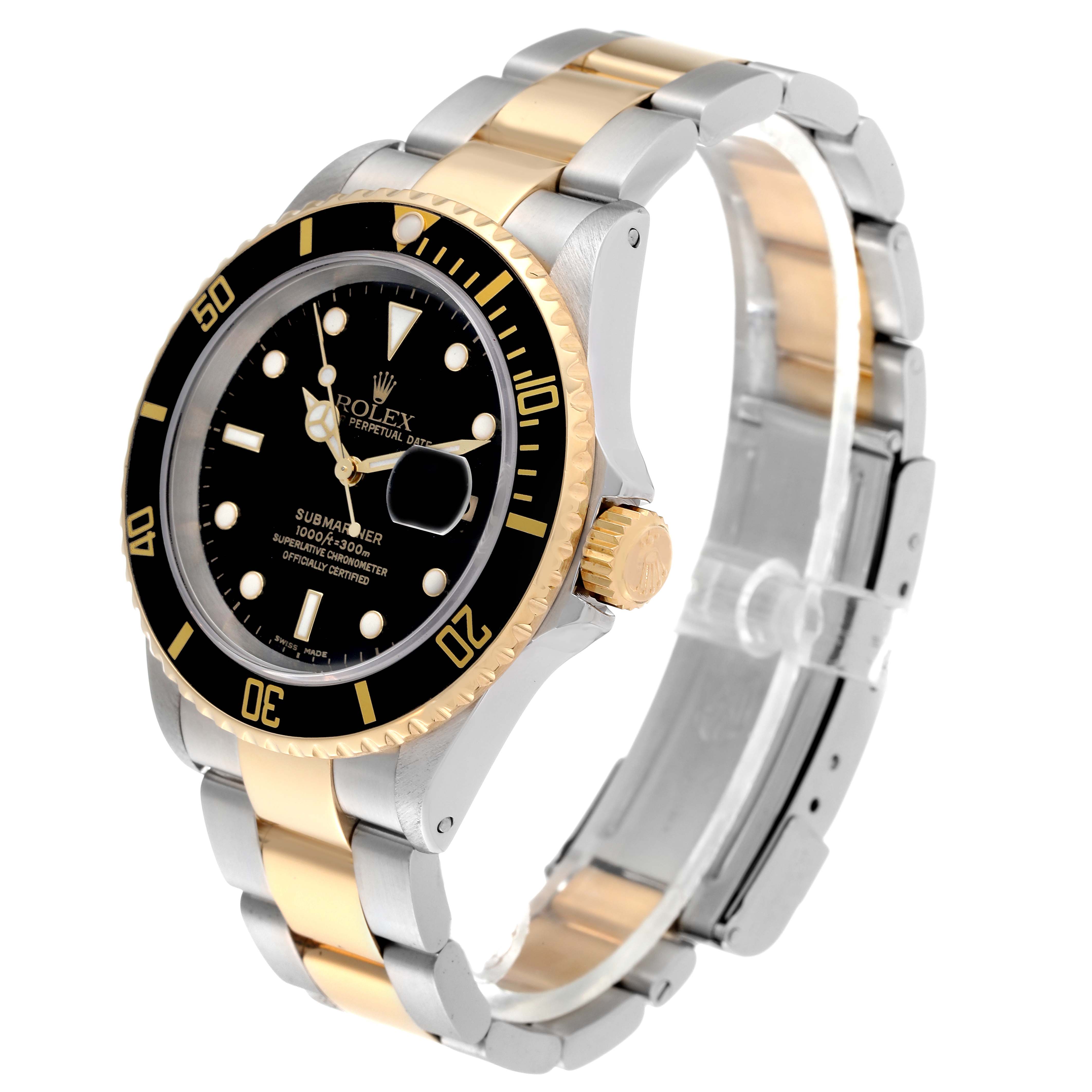 This image shows a Rolex Submariner 16613 Men's Steel and Gold (two tone) Black Dial 16613 Men's Steel and Gold (two tone) Black Dial watch at a slight side angle, displaying its black dial, gold and silver bracelet, and unidirectional bezel.